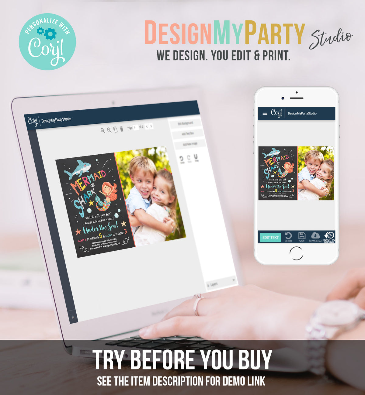 Editable Mermaid or Shark Birthday Invitation Under The Sea Party Coed Pool Party Brother Sister Photo Ocean Corjl Template Printable 0197