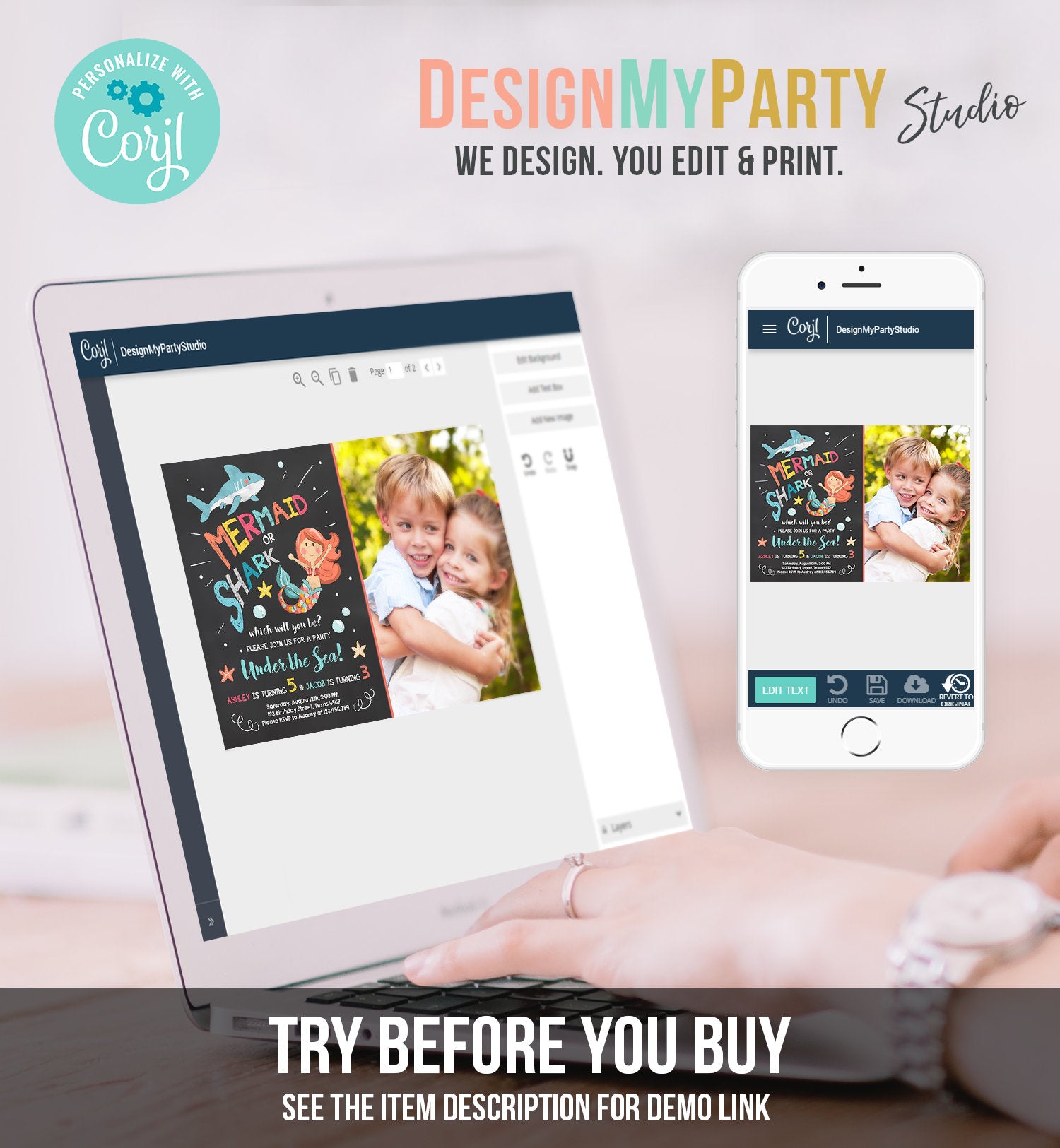 Editable Mermaid or Shark Birthday Invitation Under The Sea Party Coed Pool Party Brother Sister Photo Ocean Corjl Template Printable 0197