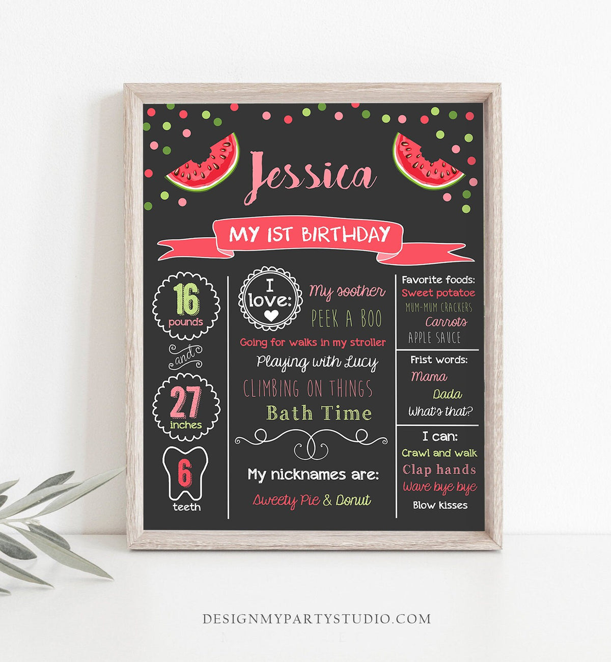 Editable Watermelon Birthday Milestone Sign First Birthday 1st Girl Pink Red One in a Melon Party Summer Fruit Poster Corjl Template 0120