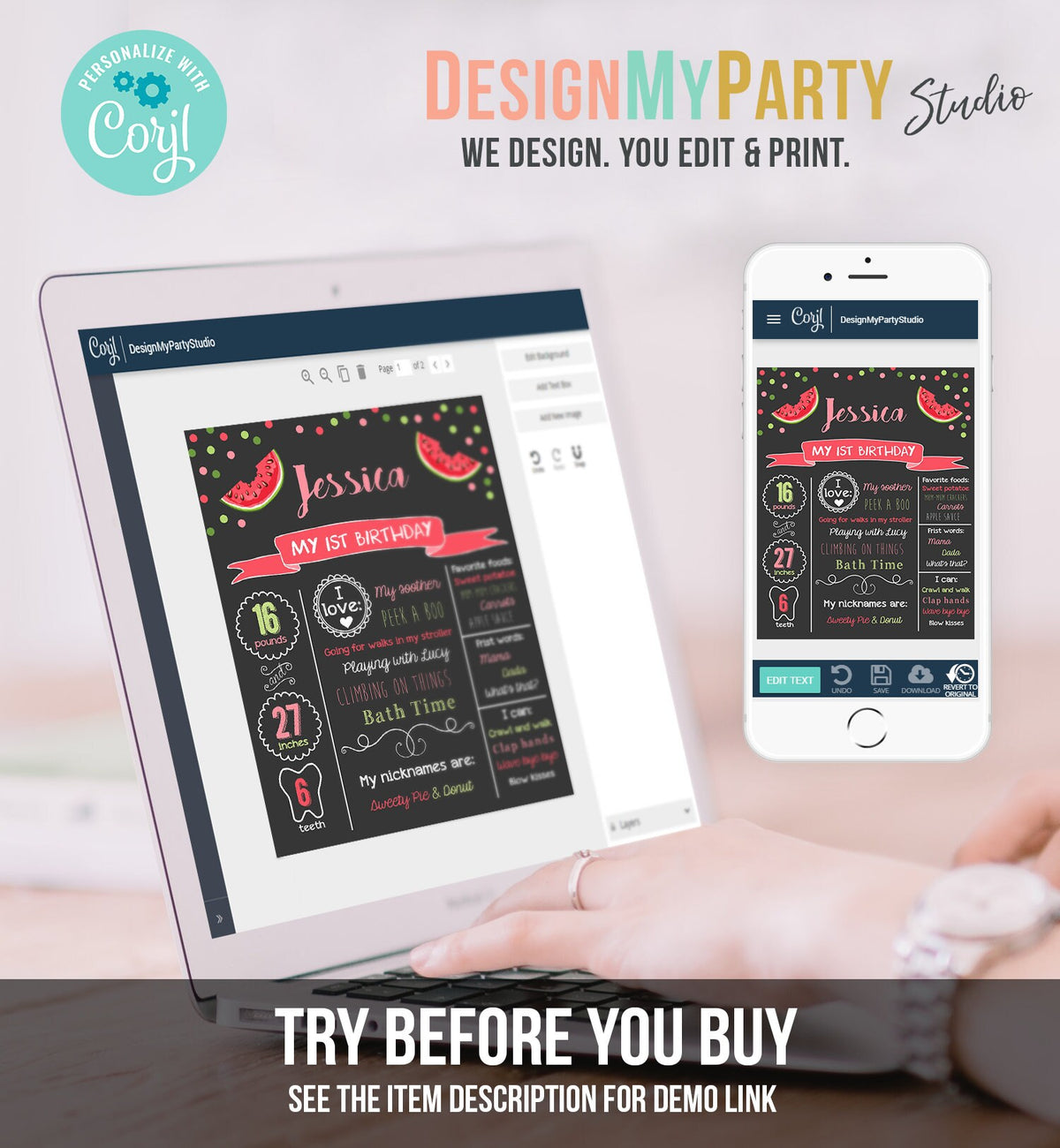 Editable Watermelon Birthday Milestone Sign First Birthday 1st Girl Pink Red One in a Melon Party Summer Fruit Poster Corjl Template 0120