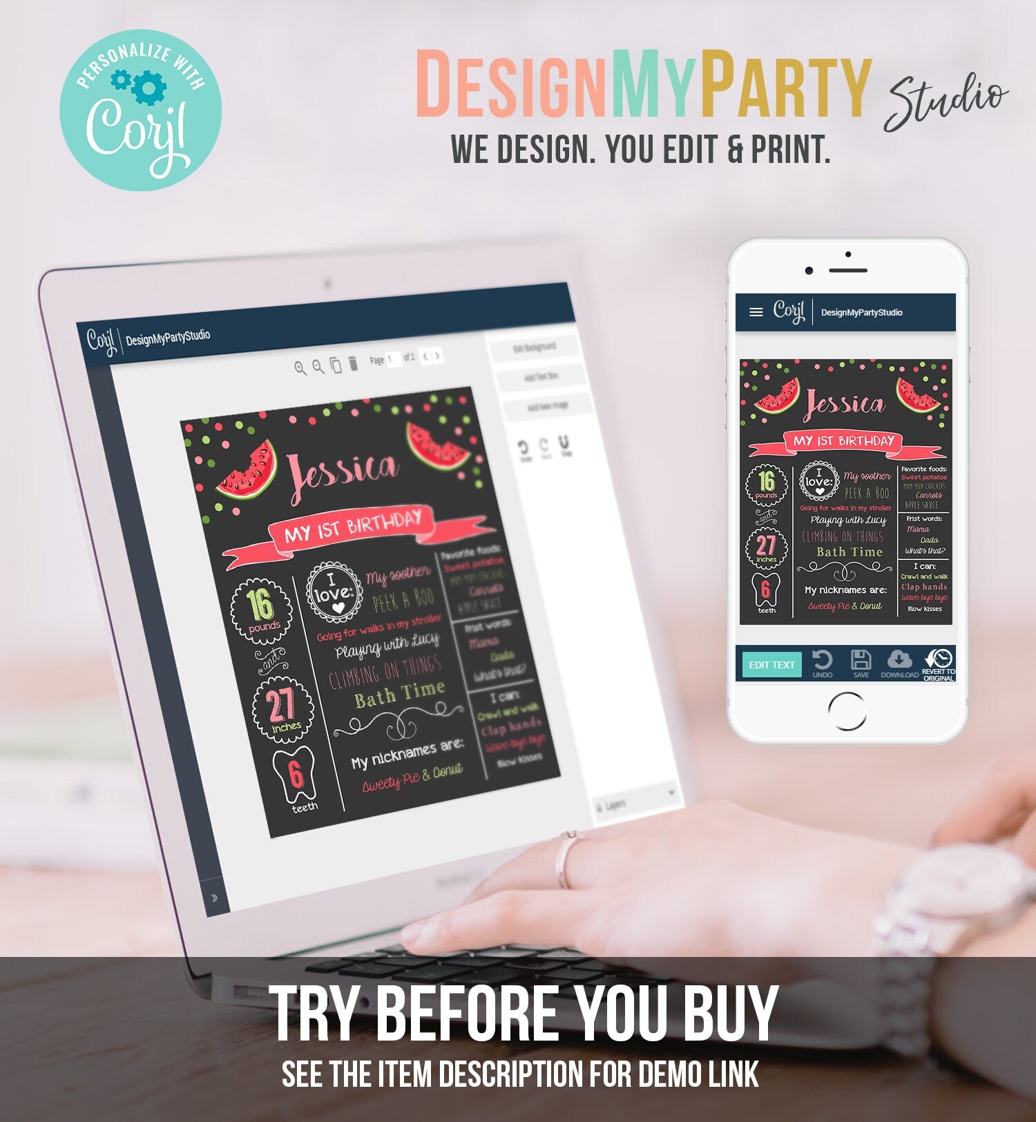 Editable Watermelon Birthday Milestone Sign First Birthday 1st Girl Pink Red One in a Melon Party Summer Fruit Poster Corjl Template 0120