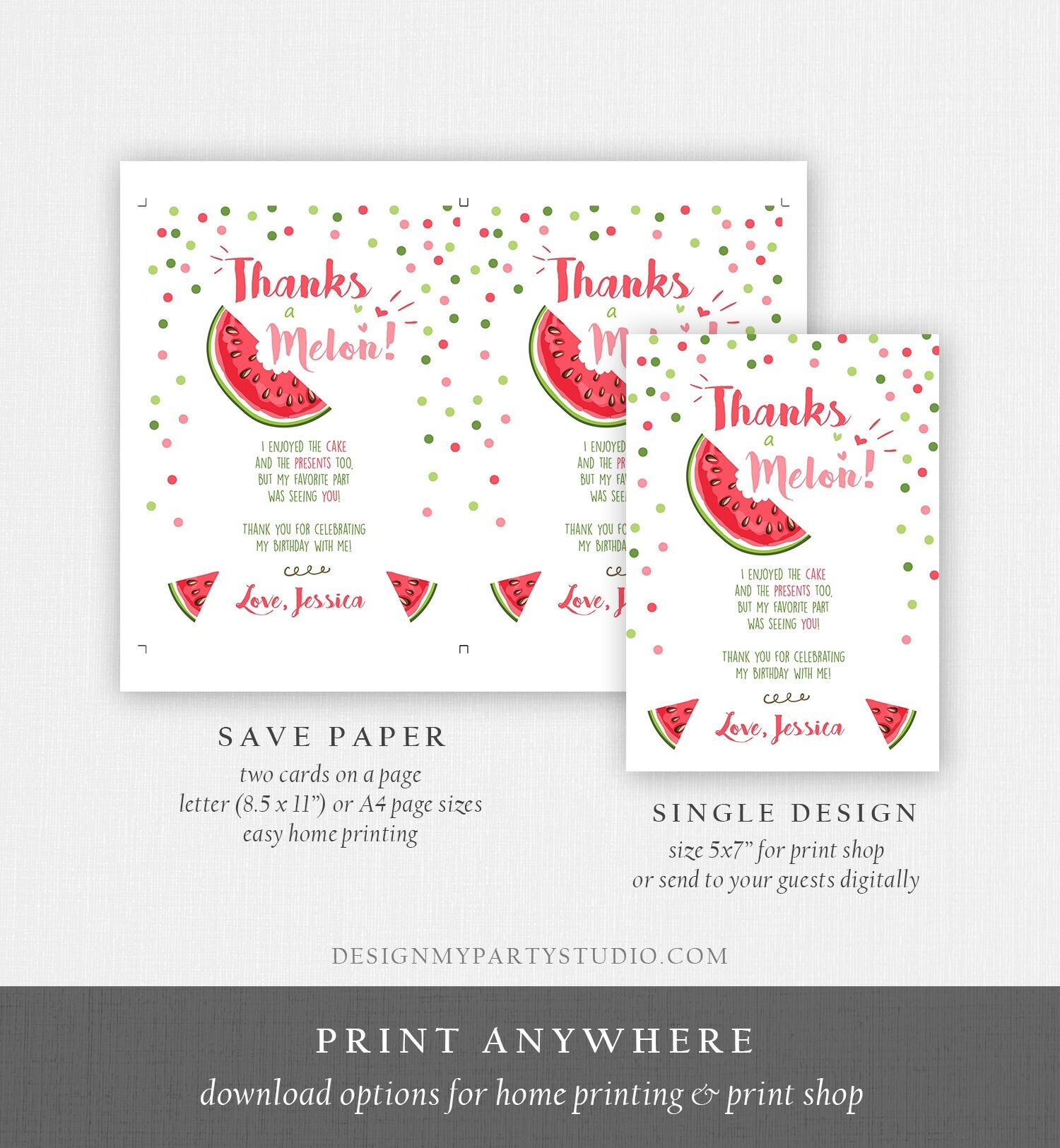 Editable Thanks a Melon Thank You Card Watermelon First Birthday Party Girl Pink Red Melon Summer Fruit Photo Corjl Template Printable 0120