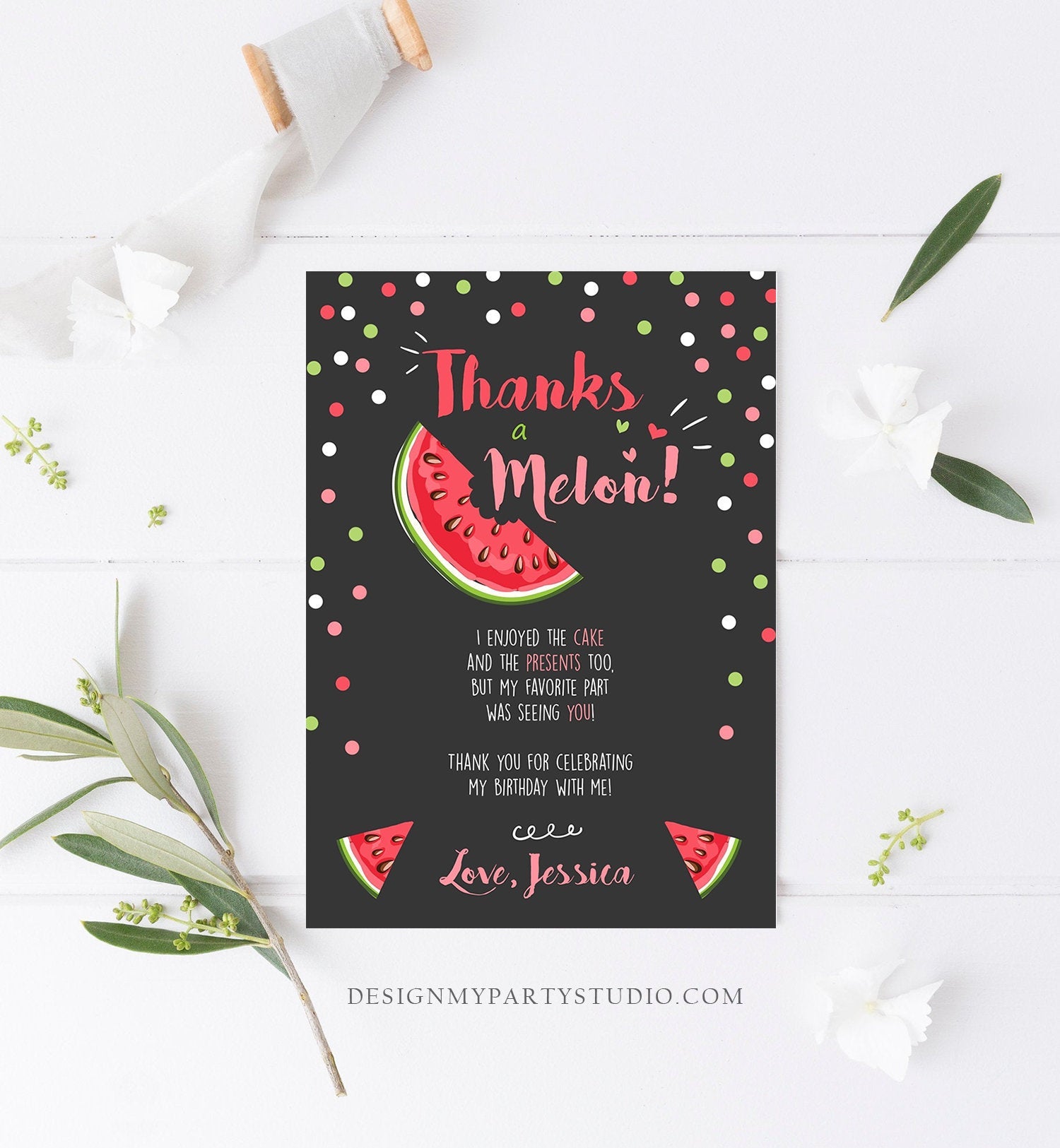 Editable Thanks a Melon Thank You Card Watermelon First Birthday Party Girl Pink Red Melon Summer Fruit Photo Corjl Template Printable 0120
