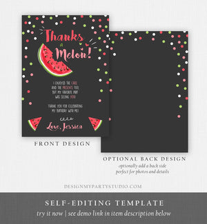 Editable Thanks a Melon Thank You Card Watermelon First Birthday Party Girl Pink Red Melon Summer Fruit Photo Corjl Template Printable 0120