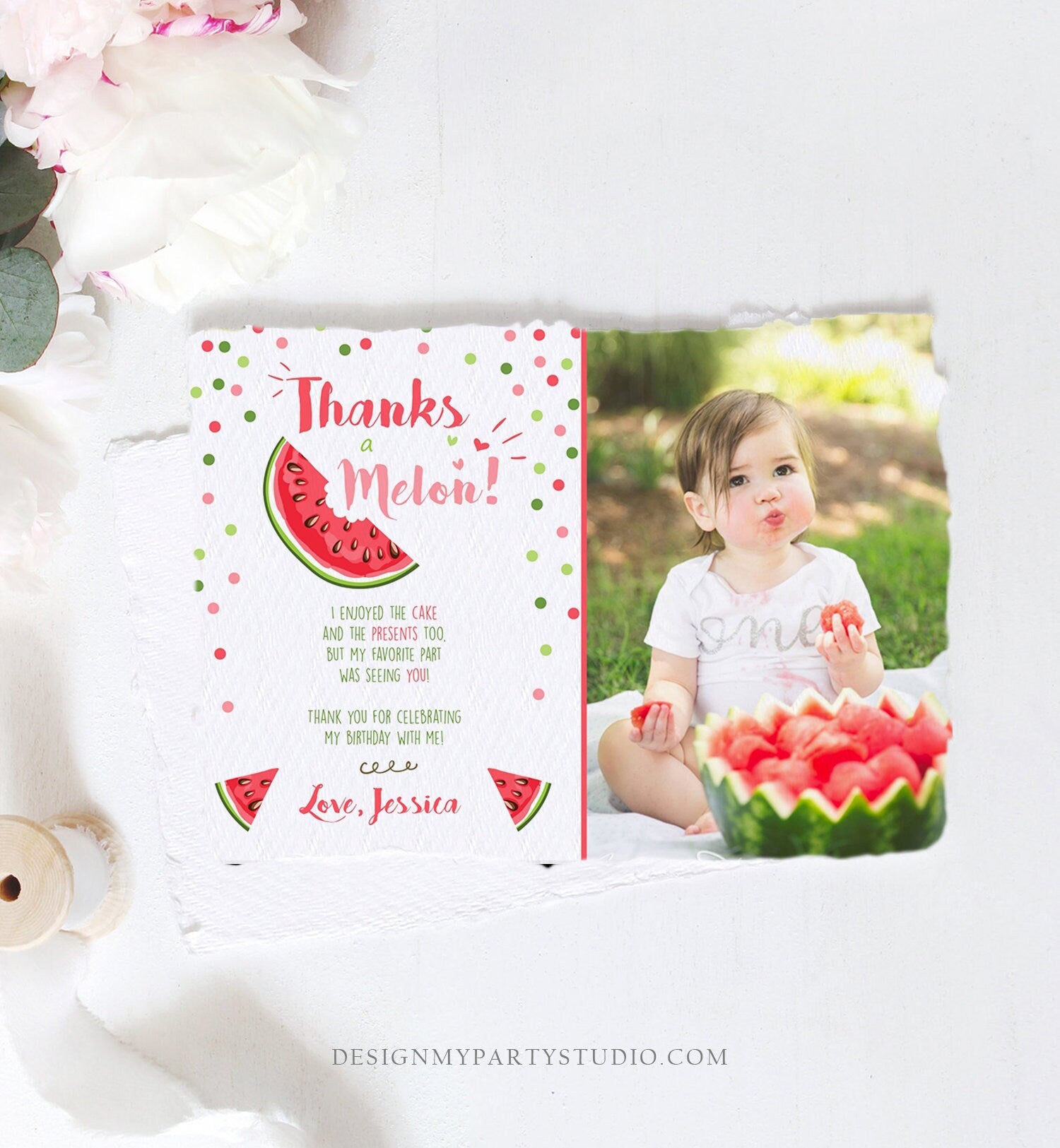 Editable Thanks a Melon Thank You Card Watermelon First Birthday Party Girl Pink Red Melon Summer Fruit Photo Corjl Template Printable 0120
