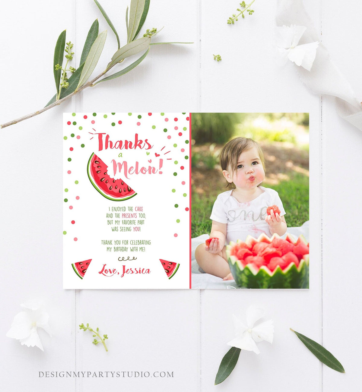 Editable Thanks a Melon Thank You Card Watermelon First Birthday Party Girl Pink Red Melon Summer Fruit Photo Corjl Template Printable 0120