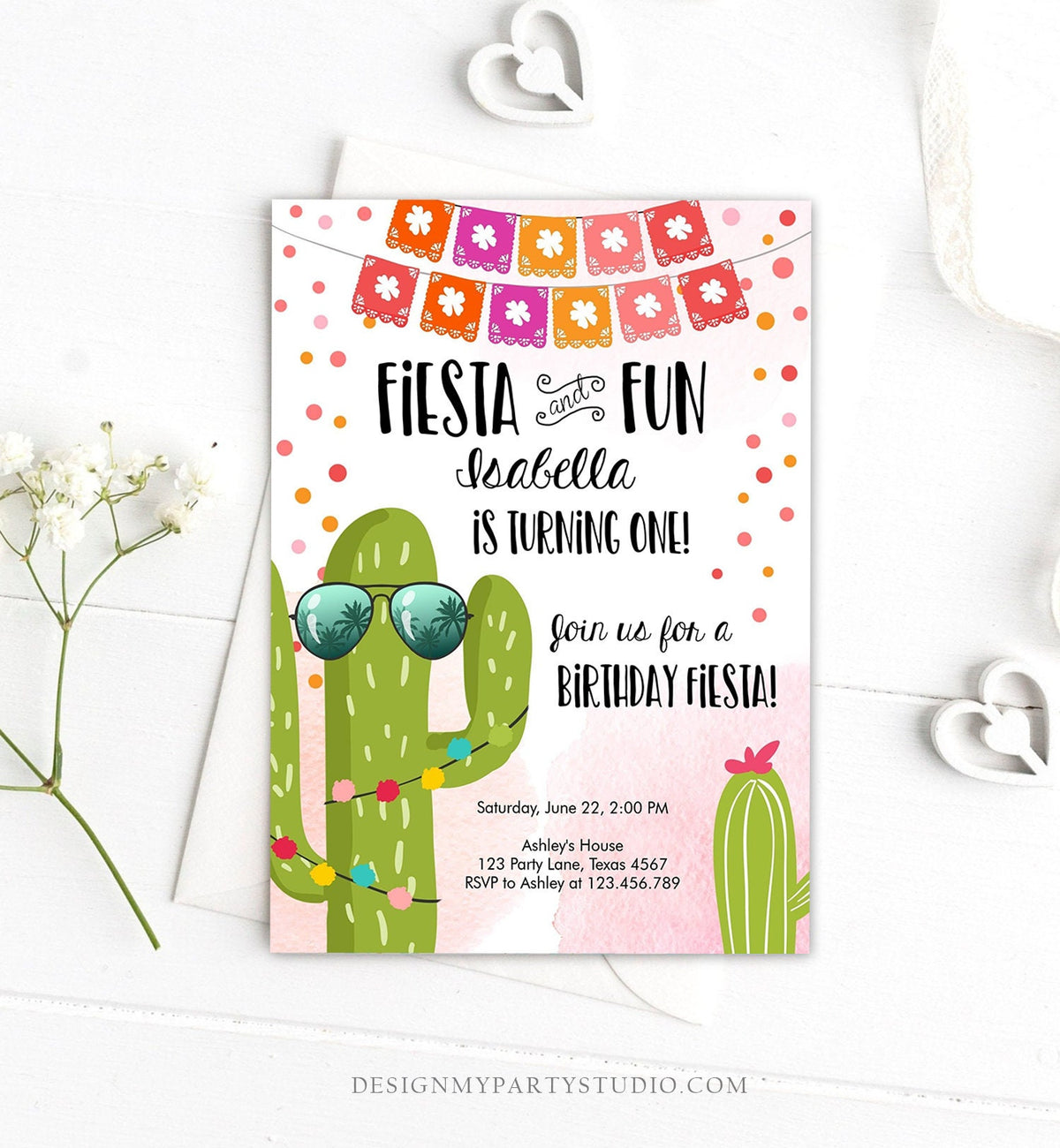 Editable Fiesta and Fun Birthday Invitation First Fiesta Cactus Pink Girl ANY AGE Instant Download Printable Invitation Template Corjl 0135