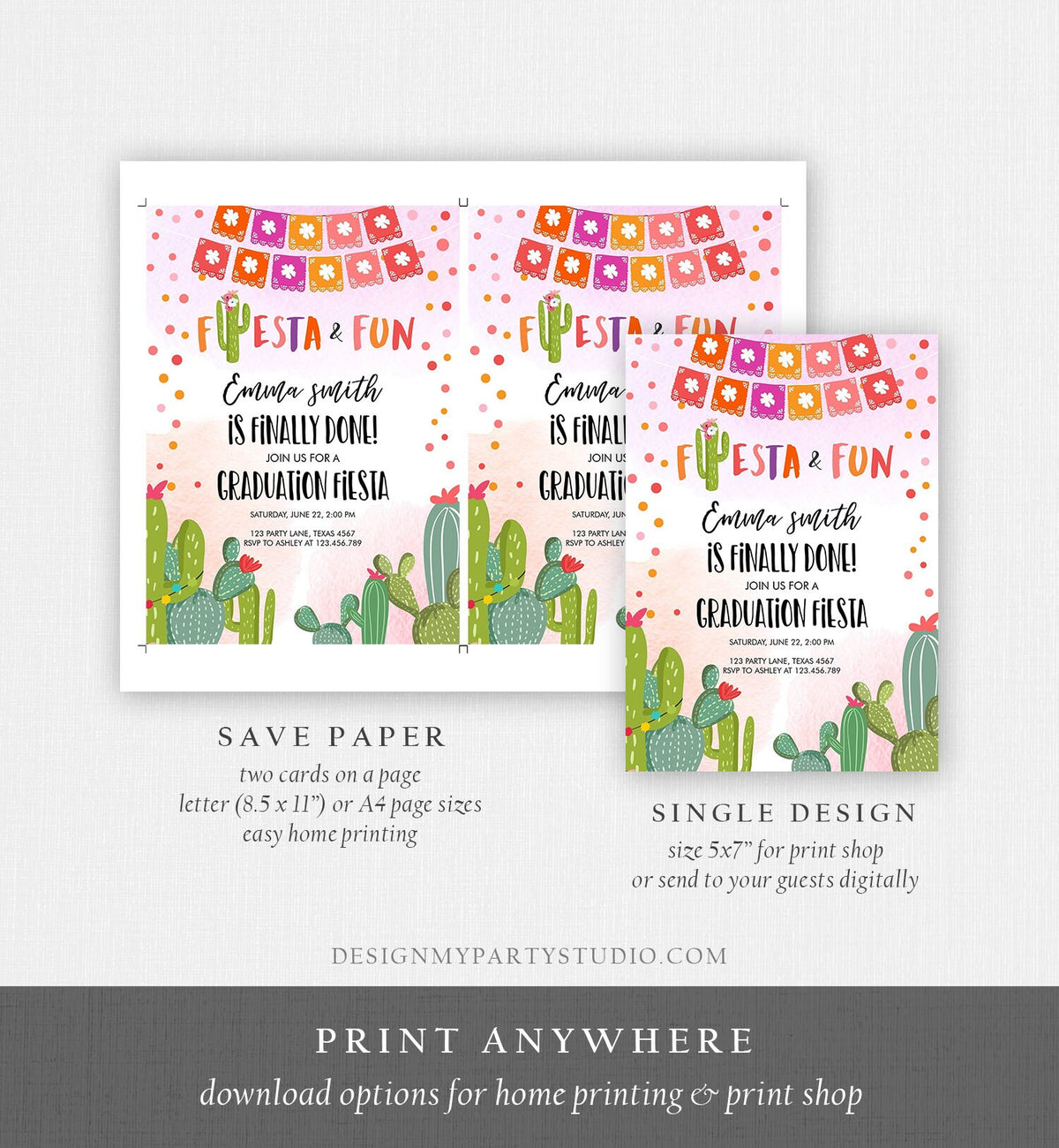 Editable Fiesta and Fun Graduation Party Invitation Finally Done Let&#39;s Fiesta Mexican Cactus Pink Girl Template Download Digital Corjl 0135