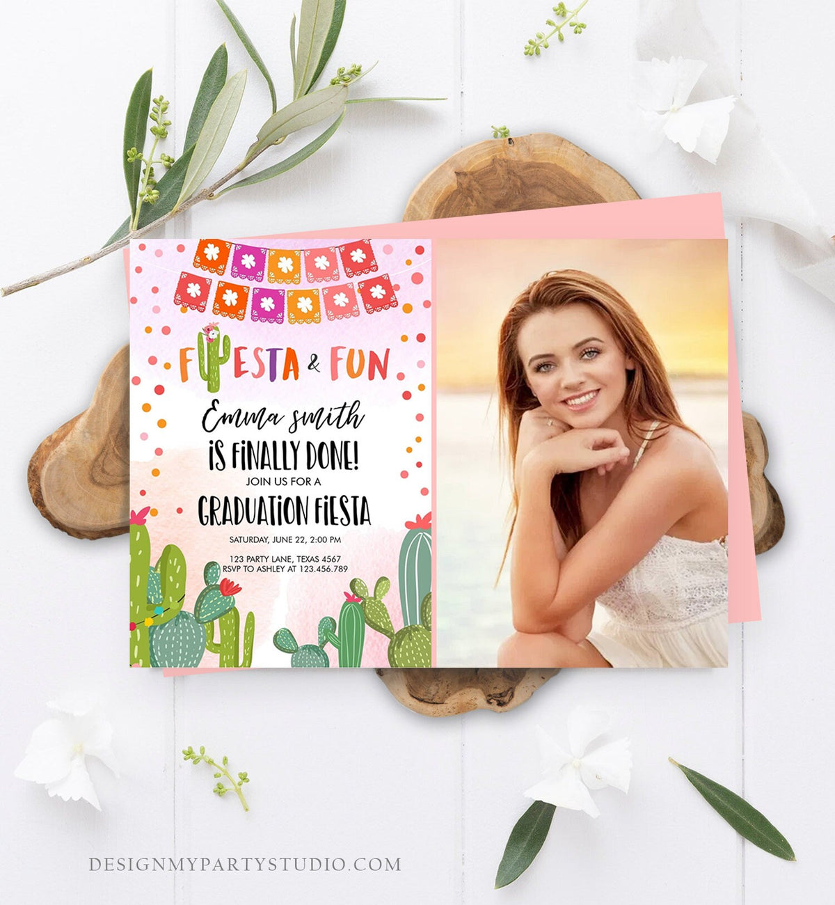 Editable Fiesta and Fun Graduation Party Invitation Finally Done Let&#39;s Fiesta Mexican Cactus Pink Girl Template Download Digital Corjl 0135