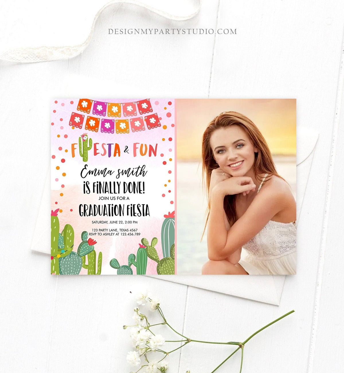 Editable Fiesta and Fun Graduation Party Invitation Finally Done Let&#39;s Fiesta Mexican Cactus Pink Girl Template Download Digital Corjl 0135