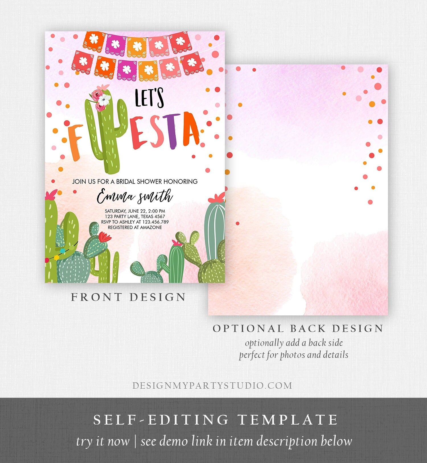 Editable Fiesta Bridal Shower Invitation Let's Fiesta Mexican Cactus Pink Couples Shower Wedding Invite Template Download Digital Corjl 0135