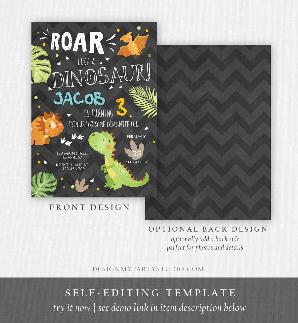 Editable Dinosaur Birthday Invitation Dino Dig Party Prehistoric Boy T-Rex Roar Fossil Party Digital Download Printable Template Corjl 0283
