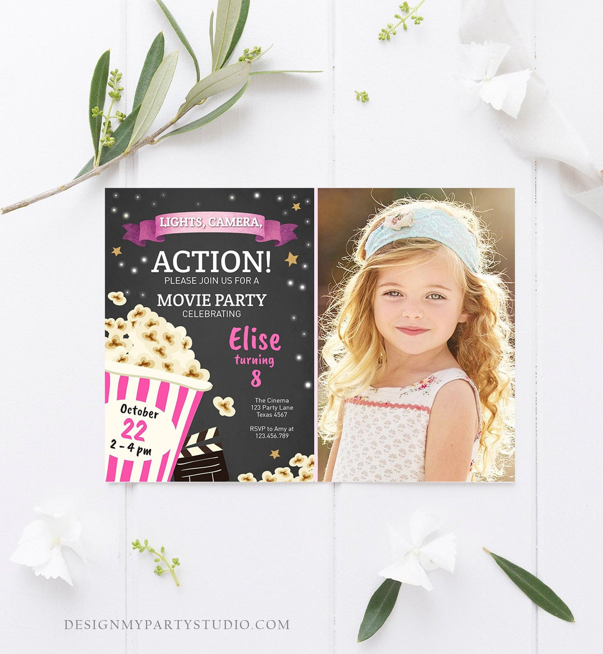 Editable Movie Night Birthday Invitation Pink Girl Movie Invite Cinema Party Backyard Movie Popcorn Download Printable Template Corjl 0182
