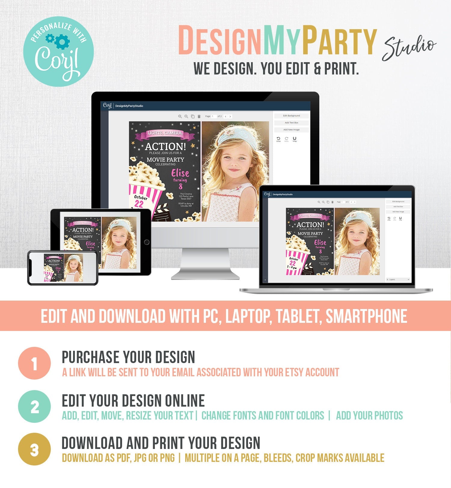 Editable Movie Night Birthday Invitation Pink Girl Movie Invite Cinema Party Backyard Movie Popcorn Download Printable Template Corjl 0182