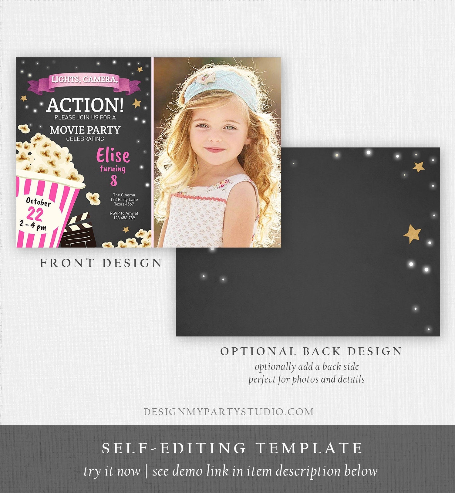 Editable Movie Night Birthday Invitation Pink Girl Movie Invite Cinema Party Backyard Movie Popcorn Download Printable Template Corjl 0182
