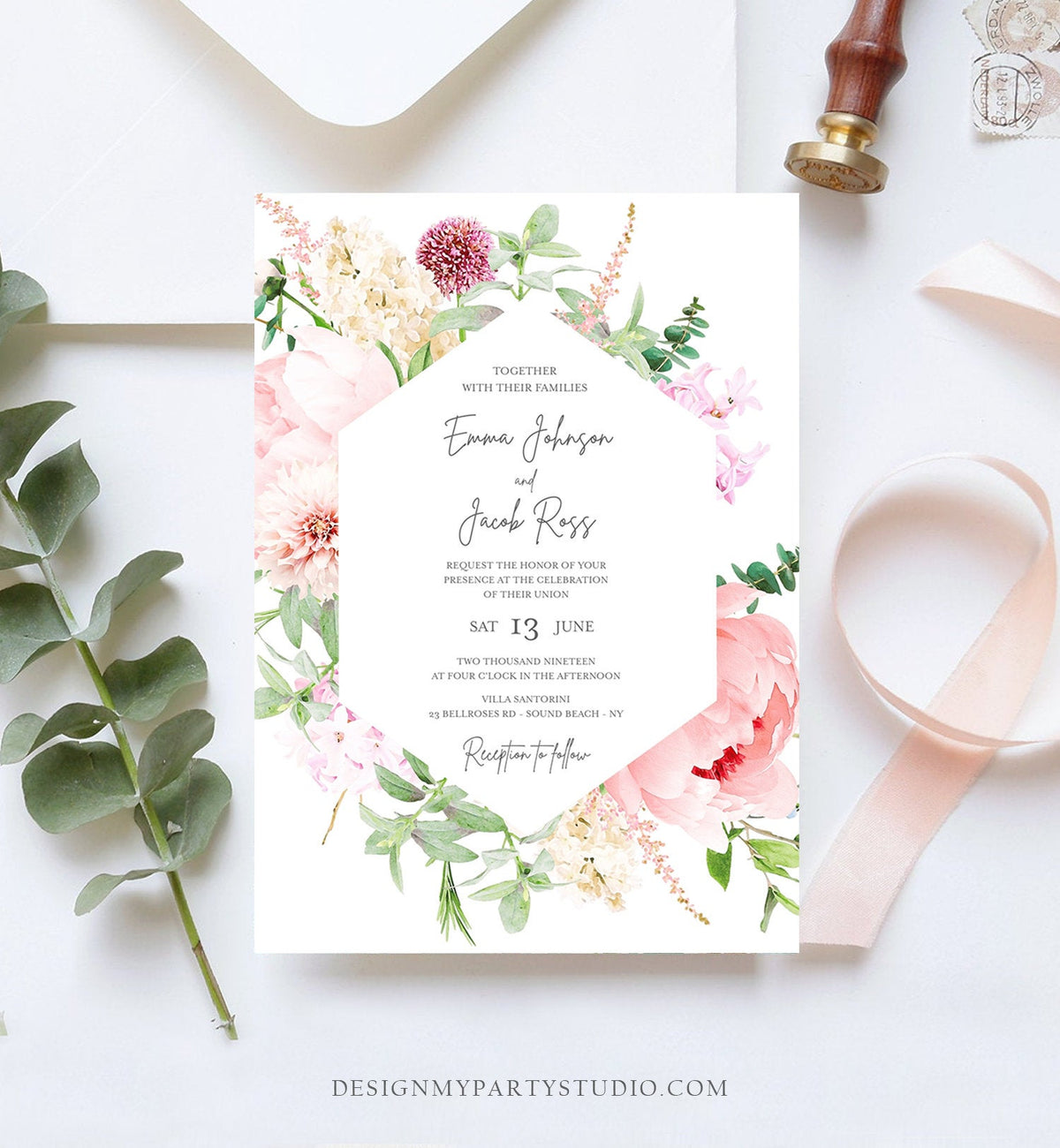 Editable Botanical Flowers Wedding Invitation Floral Greenery Vintage Spring Pink Peony Colors Digital Corjl Template Printable 0167