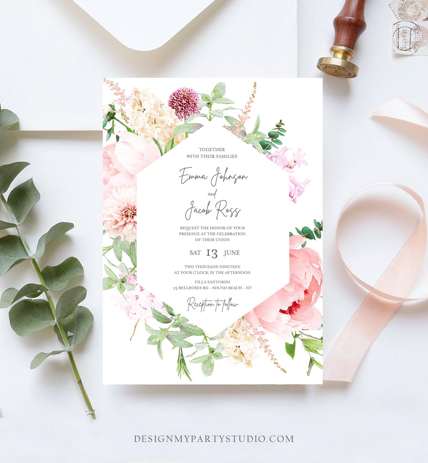 Editable Botanical Flowers Wedding Invitation Floral Greenery Vintage Spring Pink Peony Colors Digital Corjl Template Printable 0167