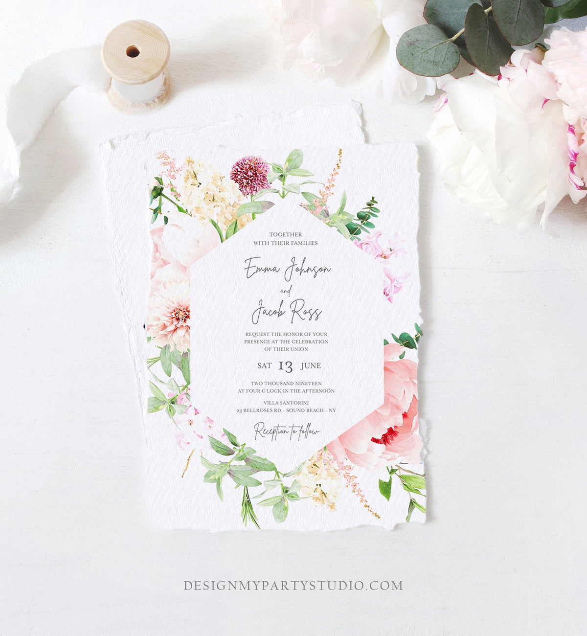 Editable Botanical Flowers Wedding Invitation Floral Greenery Vintage Spring Pink Peony Colors Digital Corjl Template Printable 0167