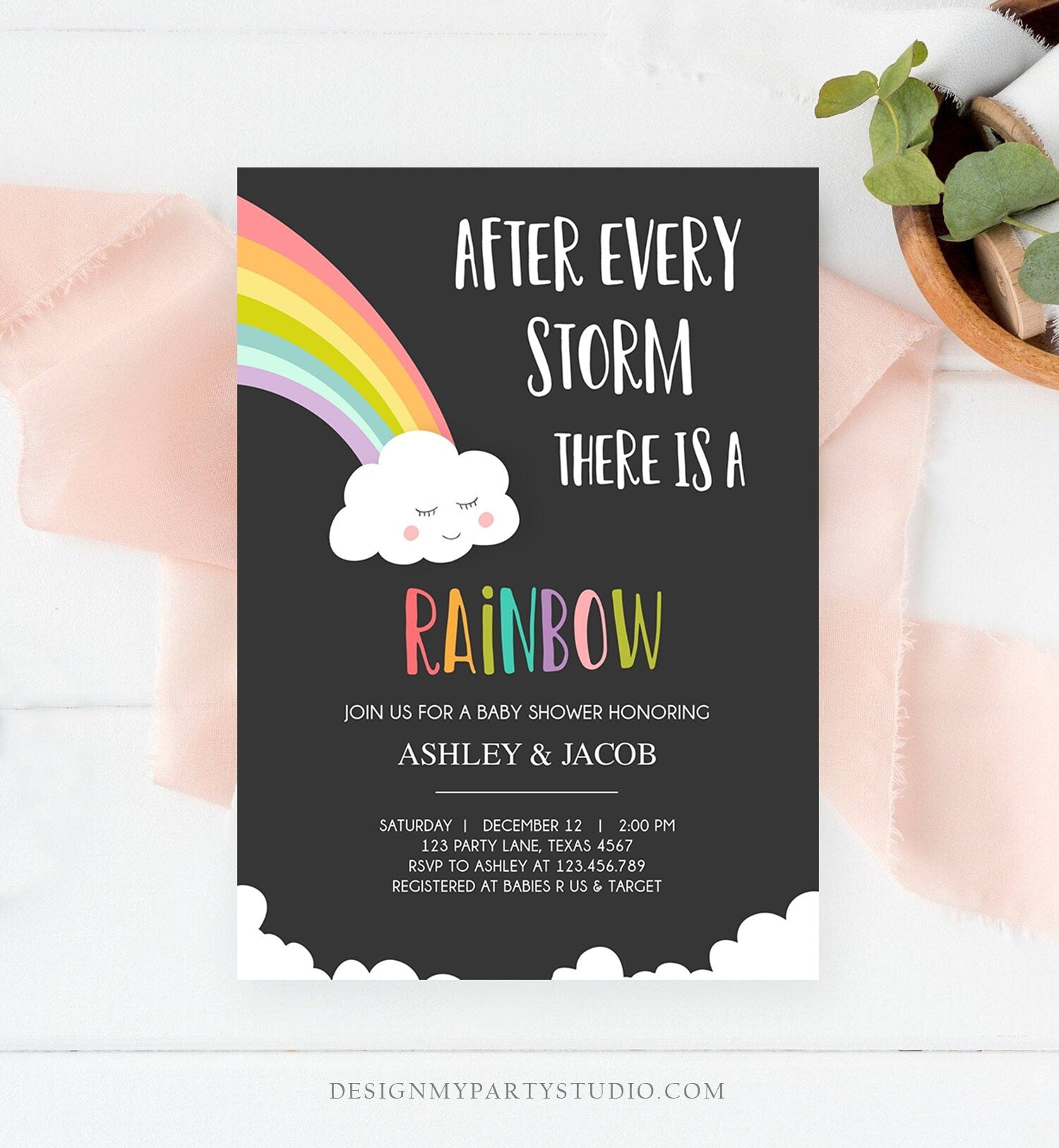 Editable Rainbow Baby Shower Invitation Rainbow Baby After a Loss Cloud Gender Neutral Download Printable Template Corjl Digital 0233