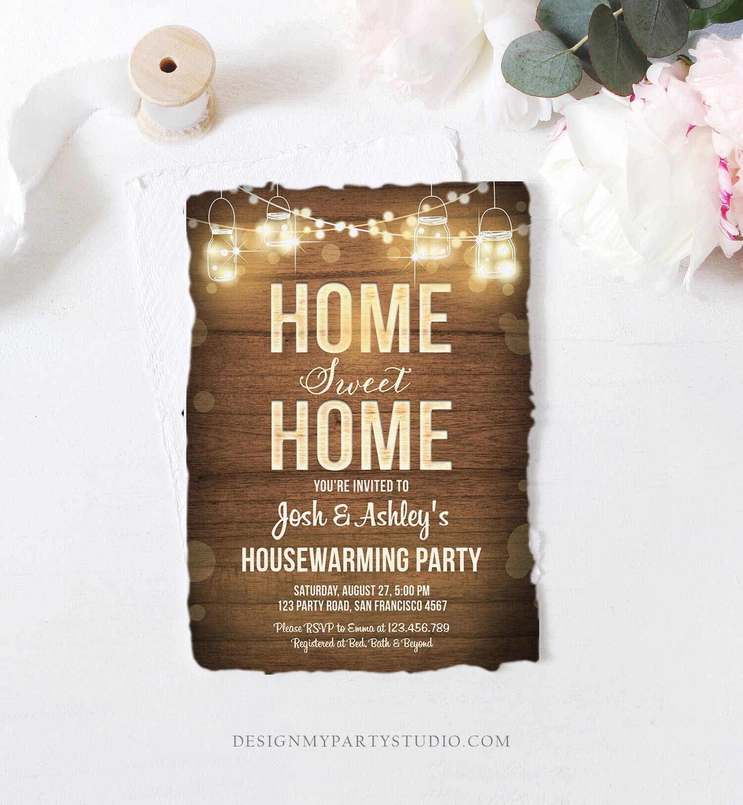 Editable Home Sweet Home Housewarming Invitation New Home Couples Party Rustic Wood String Lights Download Corjl Template Printable 0015