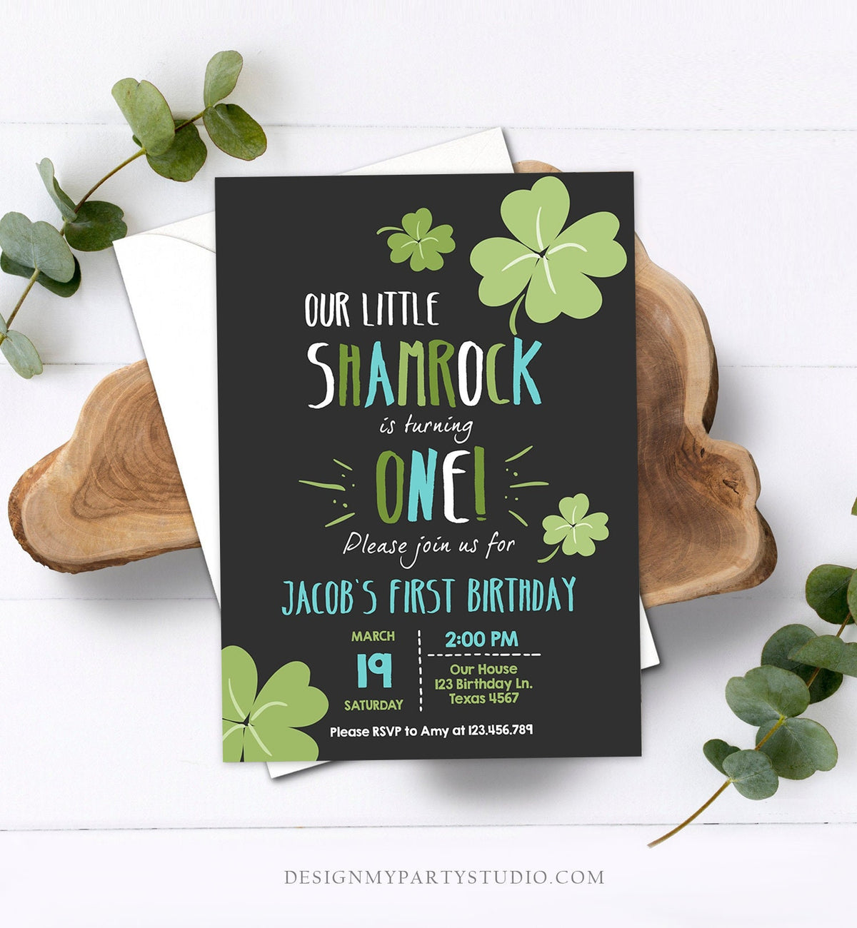 Editable St. Patrick's Day Birthday Invitation Boy Shamrock Clover St Patricks day Birthday Lucky One Printable Invite Template Corjl 0289