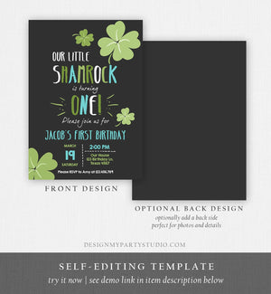 Editable St. Patrick's Day Birthday Invitation Boy Shamrock Clover St Patricks day Birthday Lucky One Printable Invite Template Corjl 0289