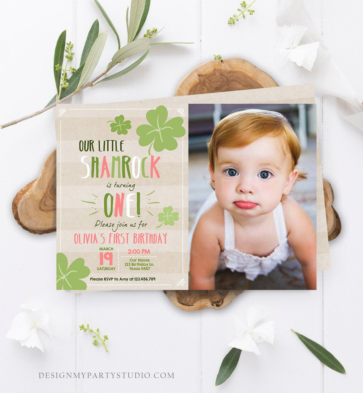 Editable St. Patrick&#39;s Day Birthday Invitation Shamrock Pink Clover St Patricks day Birthday Lucky One Printable Invite Template Corjl 0289