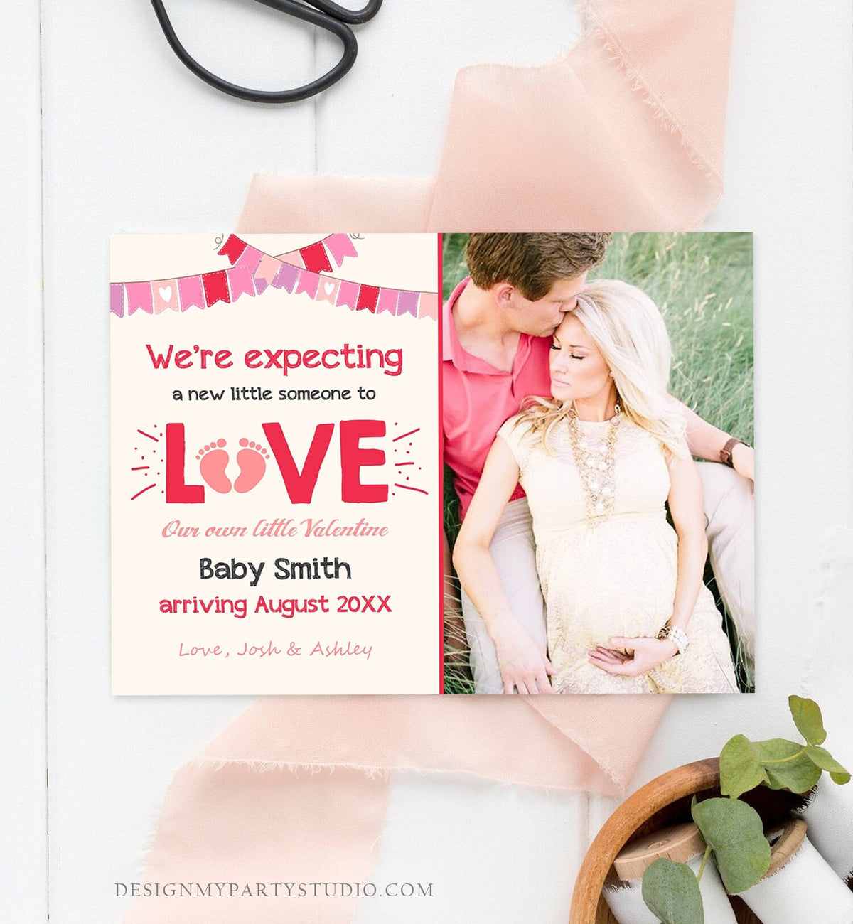 Editable Valentine Pregnancy Announcement Grandparents Pregnancy Reveal Card Love Were Expecting Pink Download Printable Template Corjl 0298