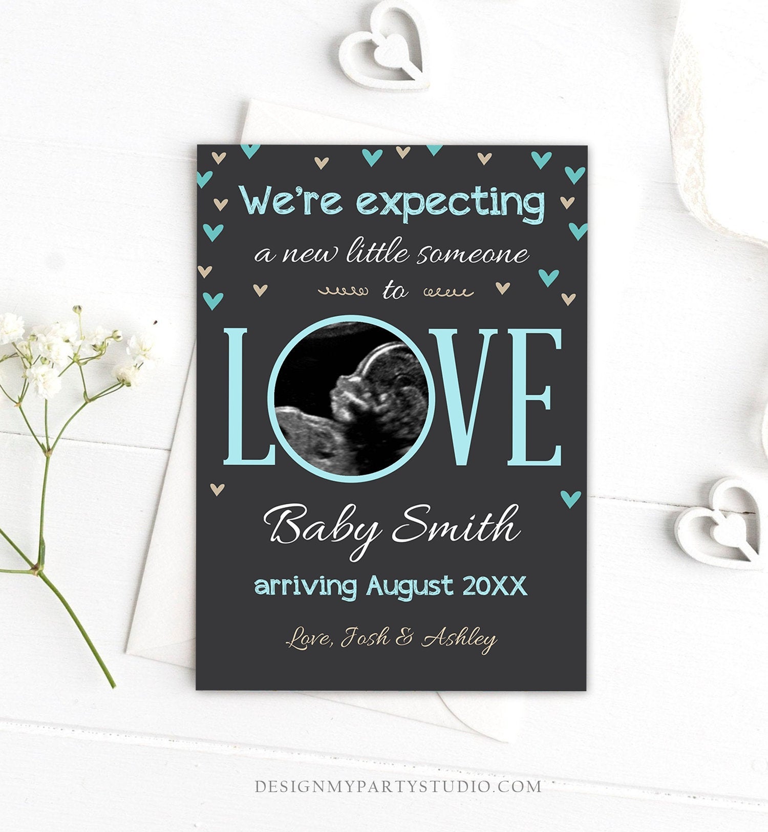 Editable Love Pregnancy Reveal Announcement Valentines Reveal Grandparents Pregnant Blue Boy Love Download Corjl Template Printable 0291