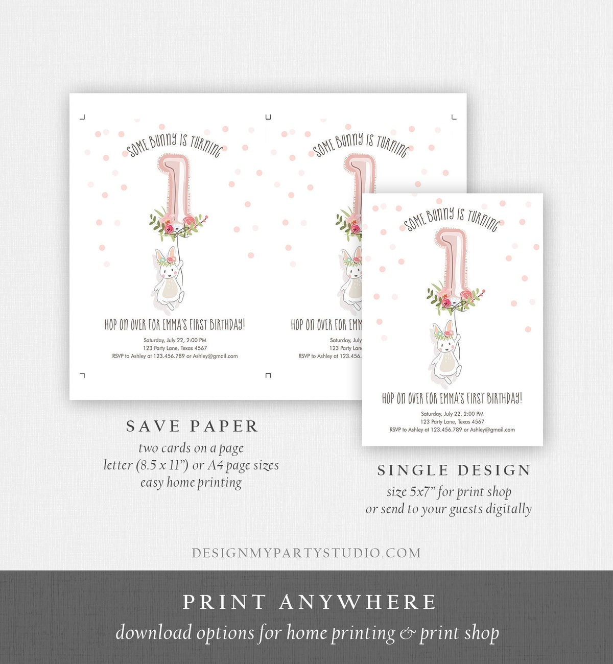 Editable Bunny Birthday Invitation Girl 1st Birthday Pink Gold Floral Bunny Spring Birthday Blush Printable Template Download Corjl 0117