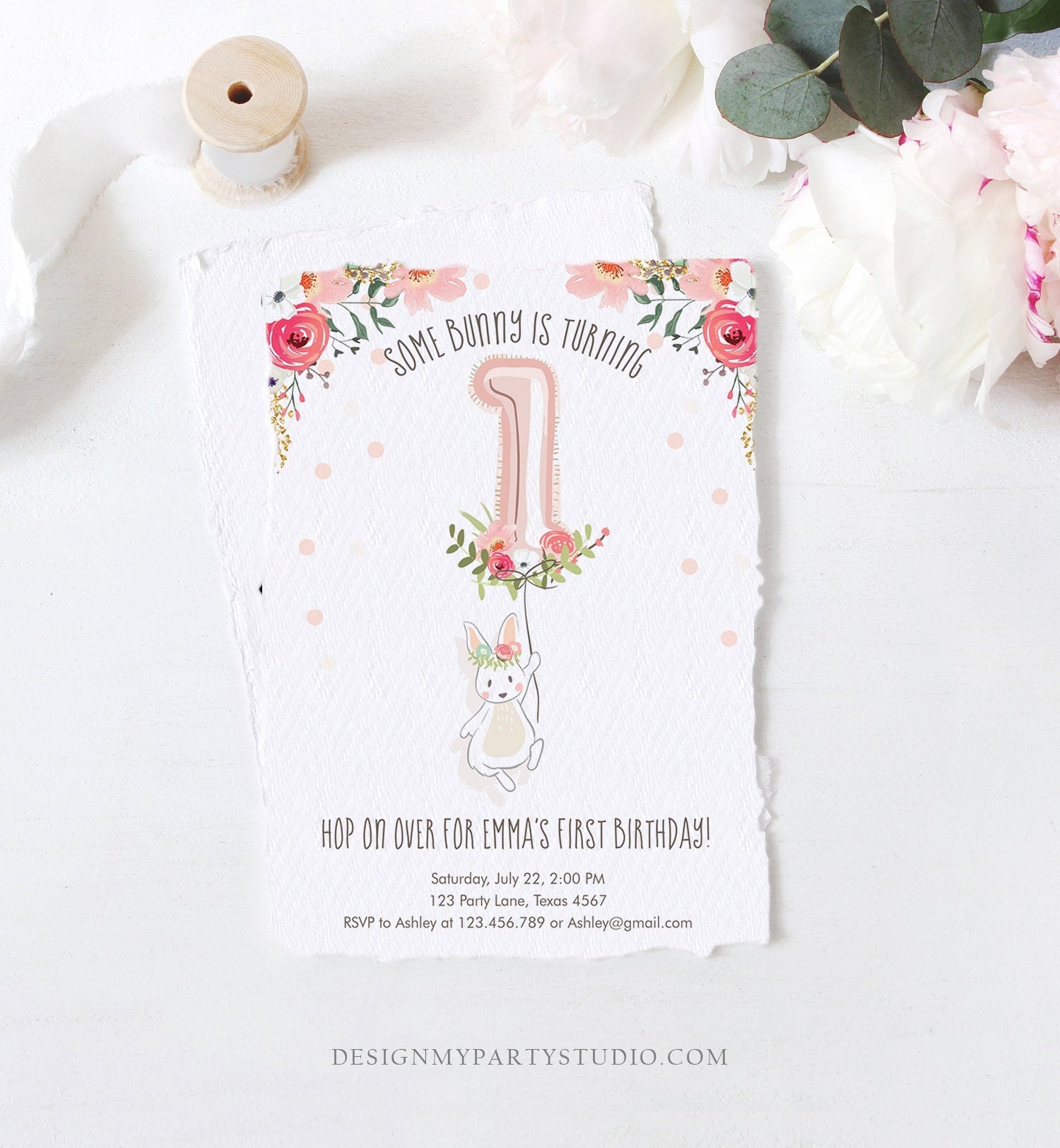 editable-bunny-birthday-invitation-girl-1st-birthday-pink-gold-floral-design-my-party-studio for Free Printable Bunny Birthday Invitations Editable Bunny Birthday Invitation Girl 1st Birthday Pink Gold Floral - Design My Party Studio for Free Printable Bunny Birthday Invitations