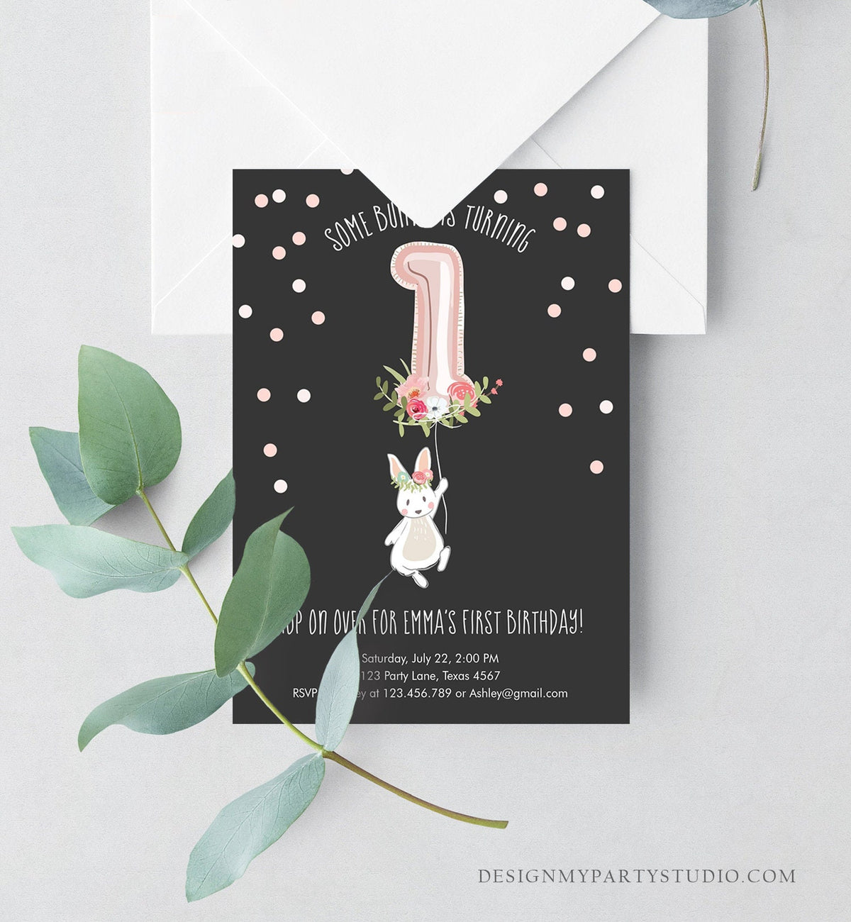 Editable Bunny Birthday Invitation Girl 1st Birthday Pink Gold Floral Bunny Spring Birthday Blush Printable Template Download Corjl 0117