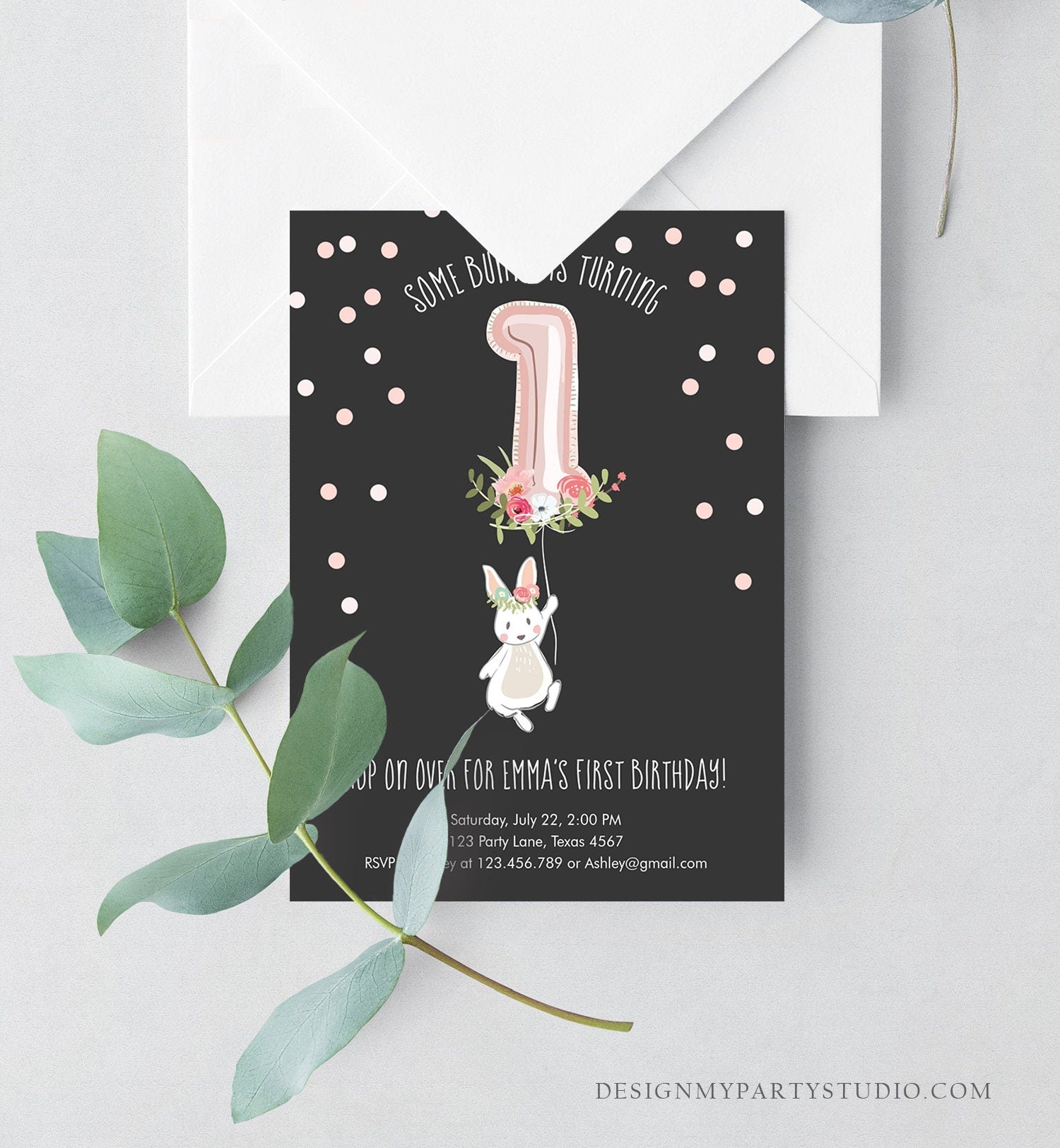 Editable Bunny Birthday Invitation Girl 1st Birthday Pink Gold Floral Bunny Spring Birthday Blush Printable Template Download Corjl 0117