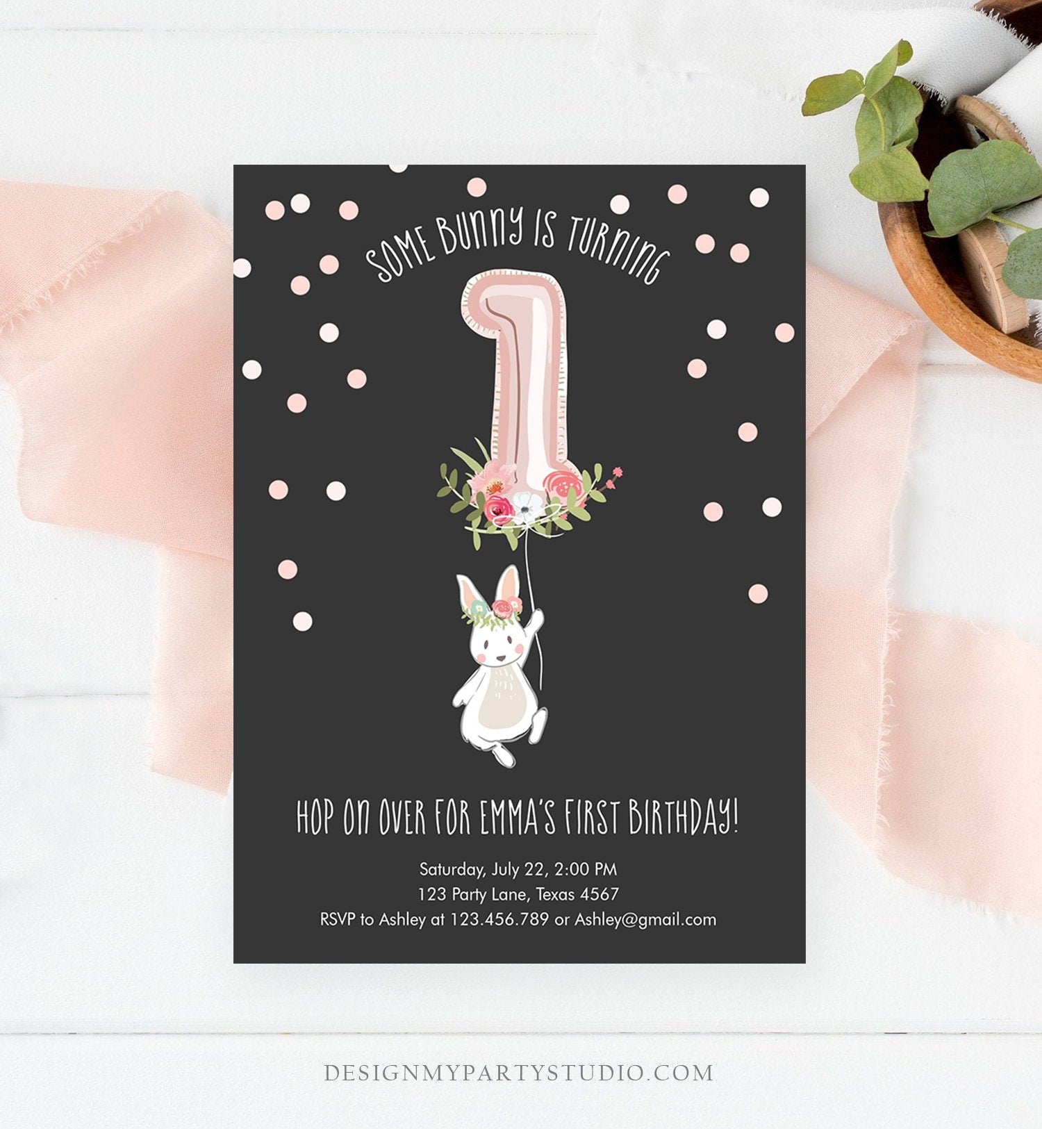 Editable Bunny Birthday Invitation Girl 1st Birthday Pink Gold Floral Bunny Spring Birthday Blush Printable Template Download Corjl 0117