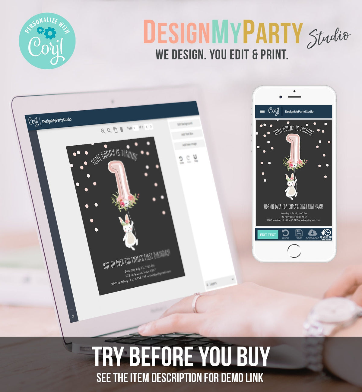 Editable Bunny Birthday Invitation Girl 1st Birthday Pink Gold Floral Bunny Spring Birthday Blush Printable Template Download Corjl 0117