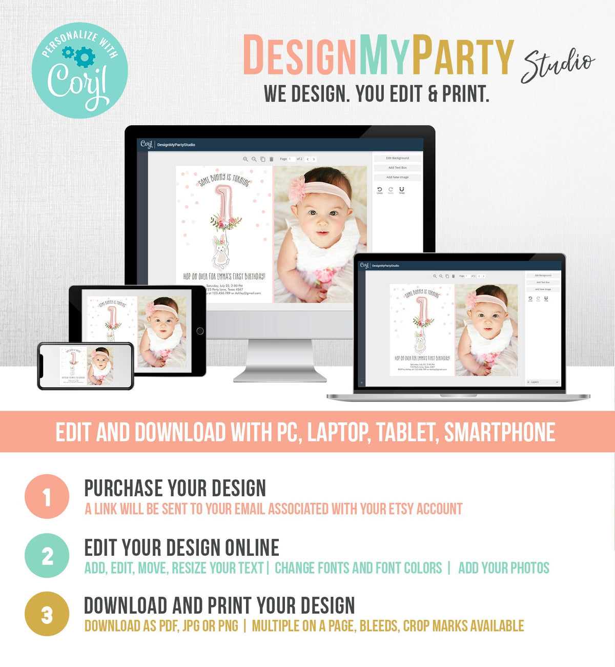 Editable Bunny Birthday Invitation Girl 1st Birthday Pink Gold Floral Bunny Spring Birthday Blush Printable Template Download Corjl 0117