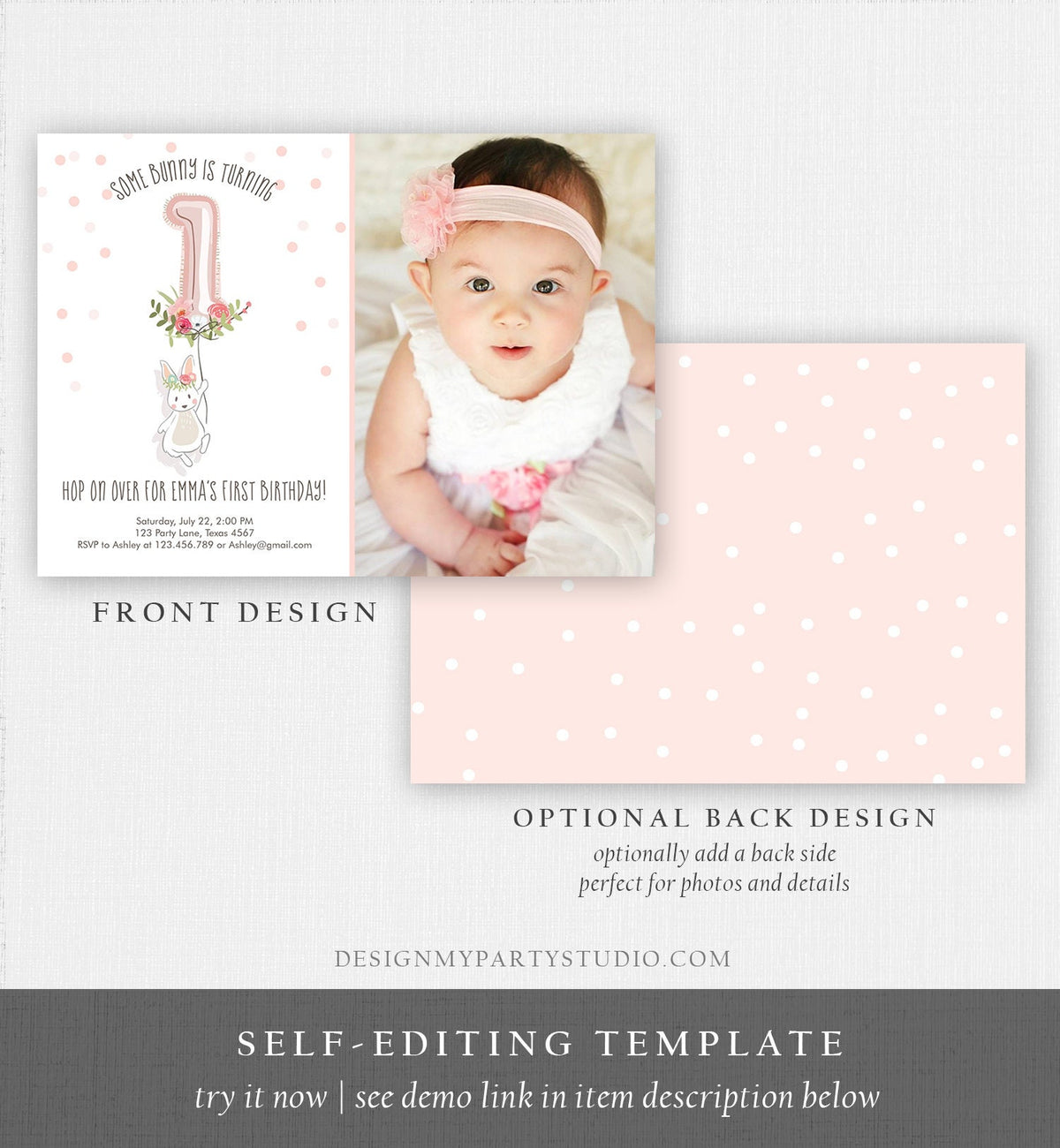 Editable Bunny Birthday Invitation Girl 1st Birthday Pink Gold Floral Bunny Spring Birthday Blush Printable Template Download Corjl 0117