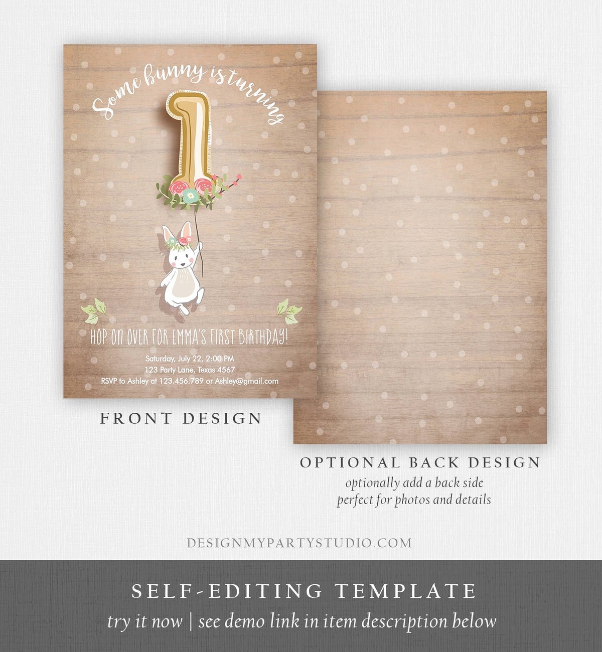 Editable Bunny Birthday Invitation Girl 1st Birthday Pink Gold Floral Bunny Spring Birthday Wood Printable Template Download Corjl 0117