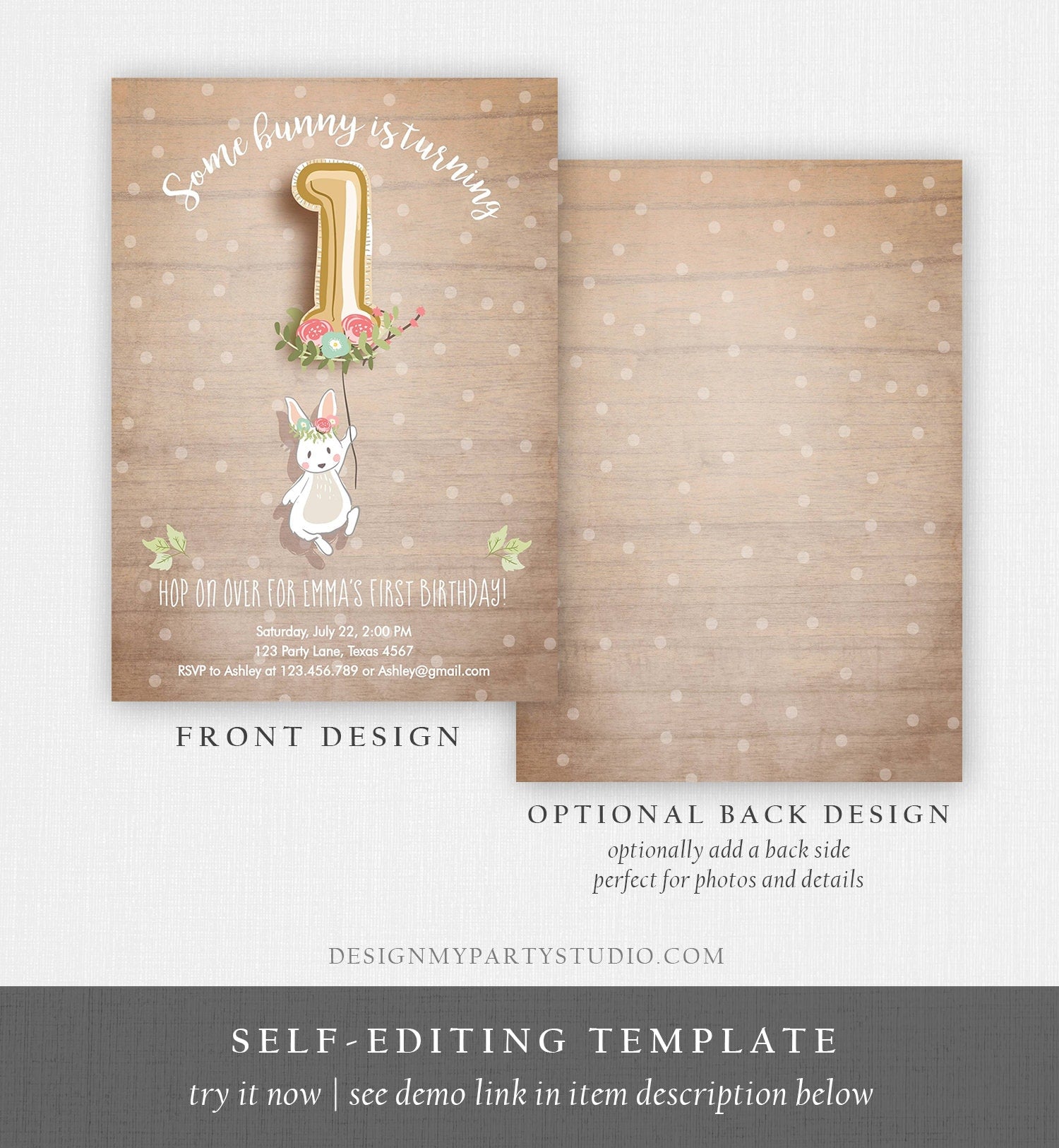 Editable Bunny Birthday Invitation Girl 1st Birthday Pink Gold Floral Bunny Spring Birthday Wood Printable Template Download Corjl 0117