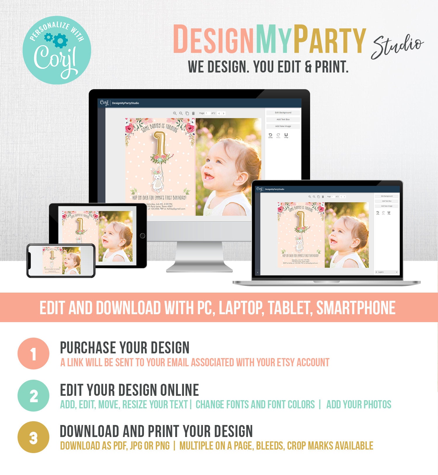 Editable Bunny Birthday Invitation Girl 1st Birthday Pink Gold Floral Bunny Spring Birthday Blush Printable Template Download Corjl 0117