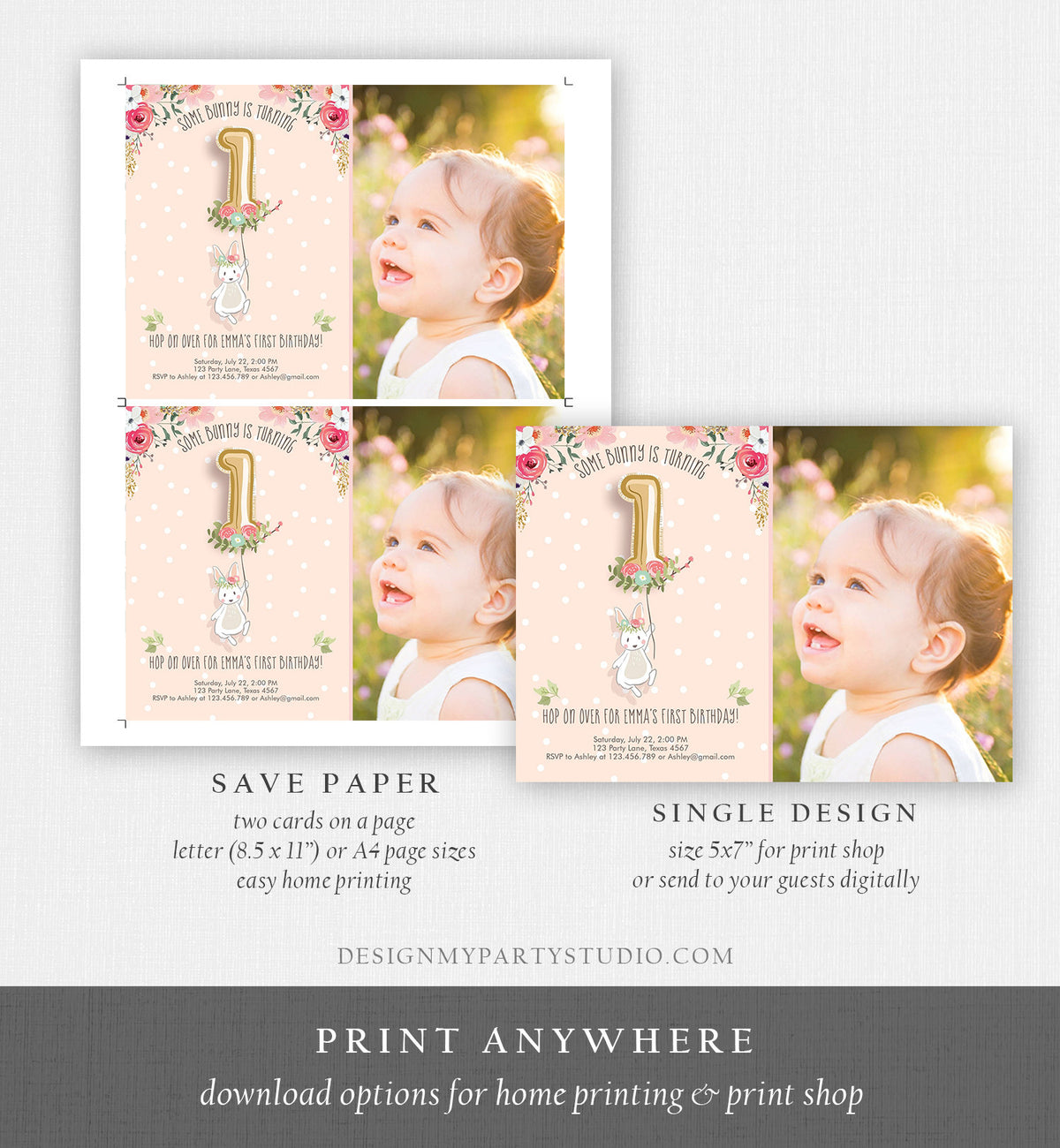 Editable Bunny Birthday Invitation Girl 1st Birthday Pink Gold Floral Bunny Spring Birthday Blush Printable Template Download Corjl 0117