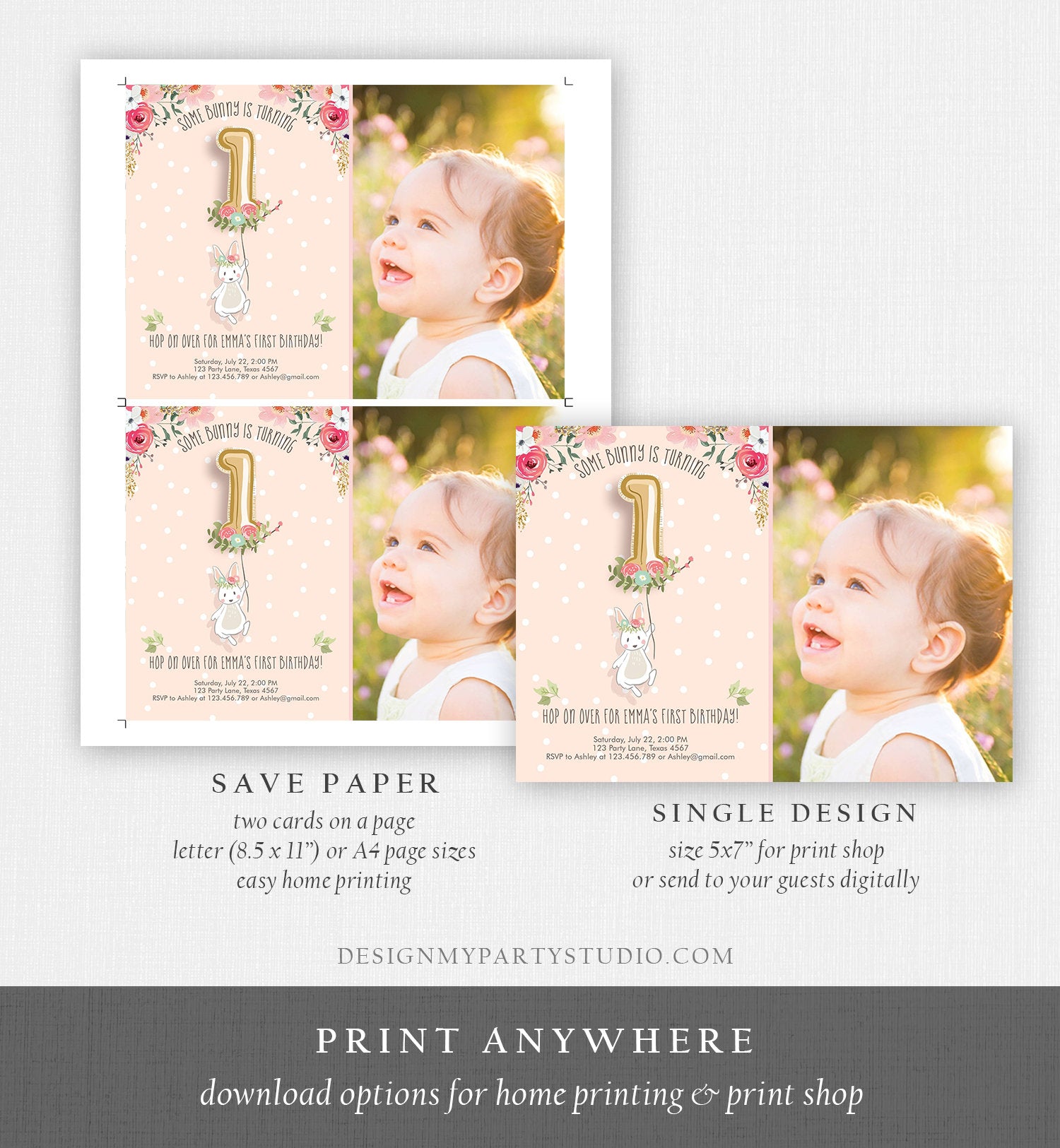 Editable Bunny Birthday Invitation Girl 1st Birthday Pink Gold Floral Bunny Spring Birthday Blush Printable Template Download Corjl 0117