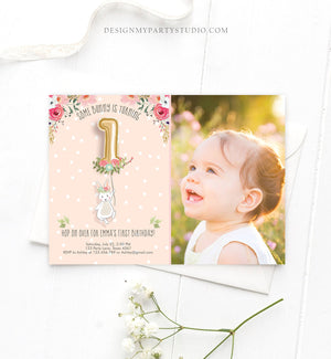 Editable Bunny Birthday Invitation Girl 1st Birthday Pink Gold Floral Bunny Spring Birthday Blush Printable Template Download Corjl 0117