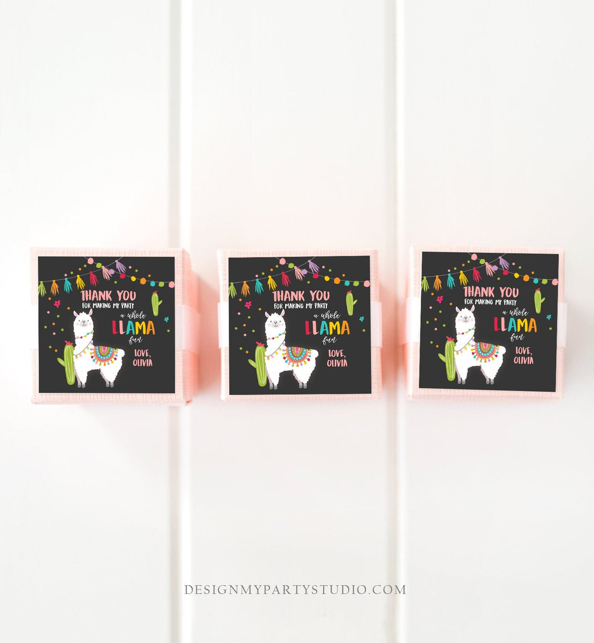 Editable Llama Thank You Favor Tags Baby Shower Llama Stickers Fiesta Cactus Alpaca Mexican Llama Birthday Girl Pink Corjl Template 0079