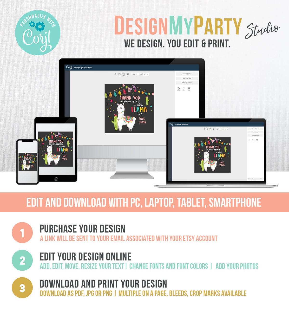 Editable Llama Thank You Favor Tags Baby Shower Llama Stickers Fiesta Cactus Alpaca Mexican Llama Birthday Girl Pink Corjl Template 0079