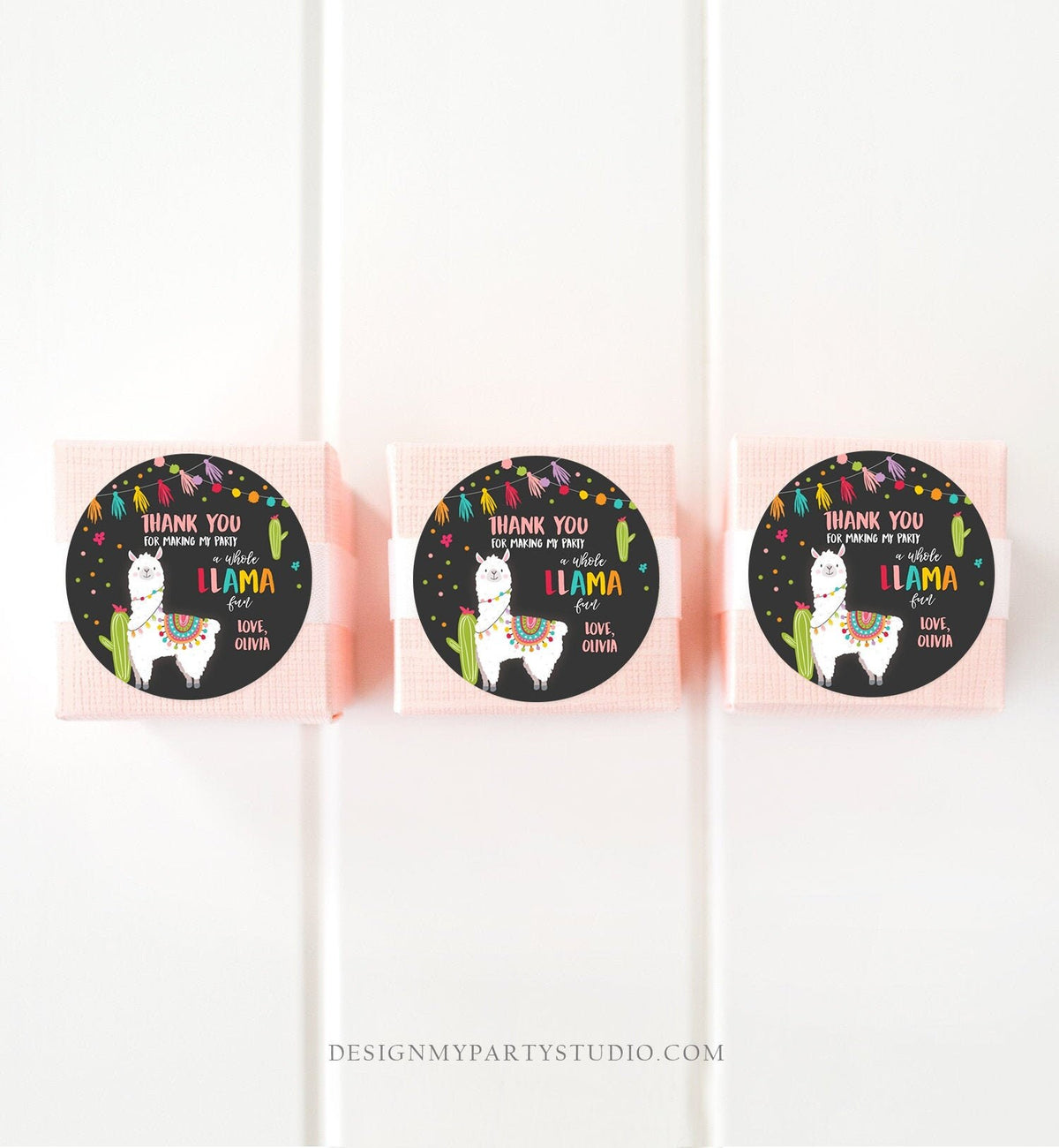 Editable Llama Thank You Favor Tags Baby Shower Llama Stickers Fiesta Cactus Alpaca Mexican Llama Birthday Girl Pink Corjl Template 0079