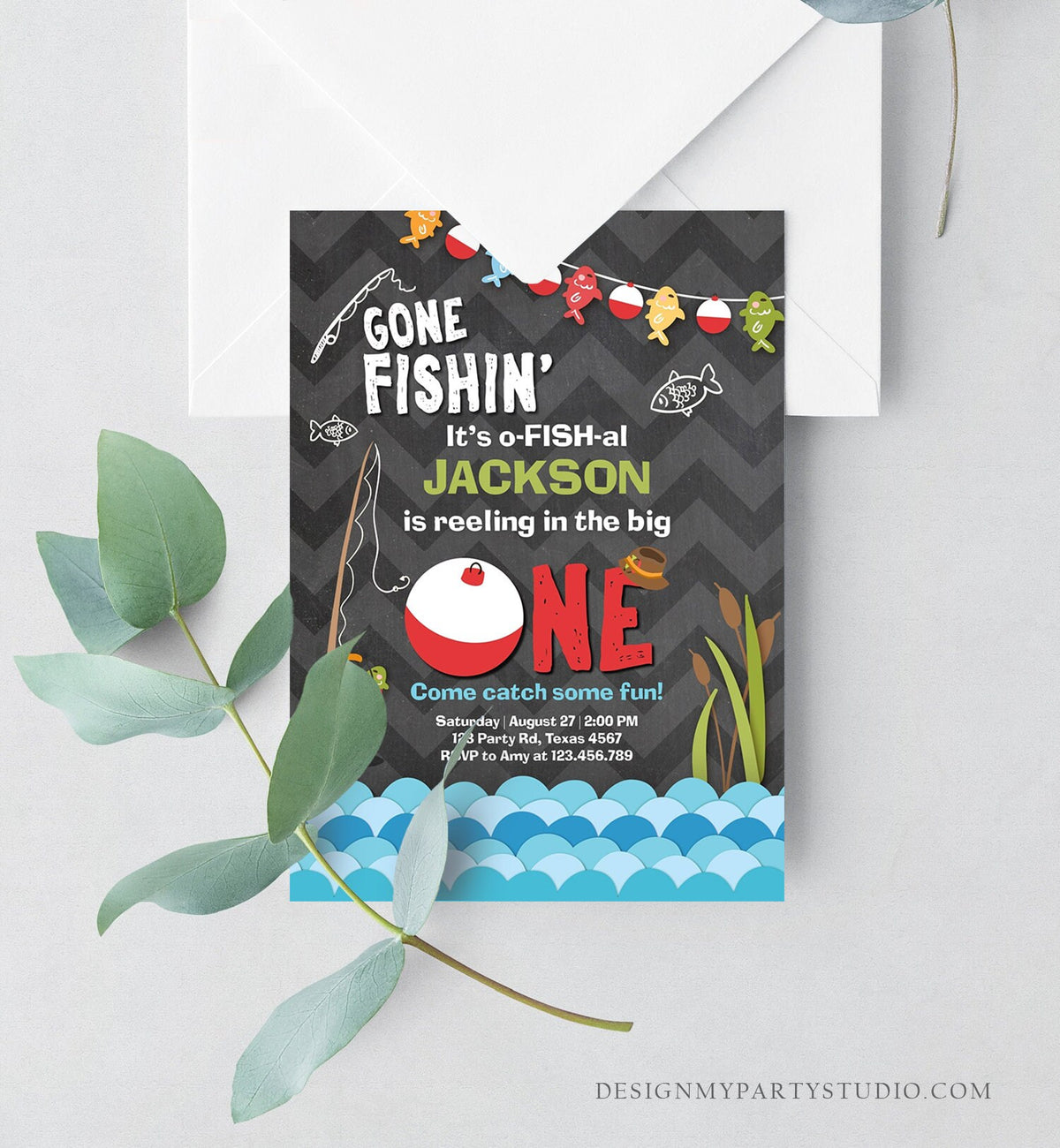 Editable First Birthday Fishing Invitation Fishing Party The Big One O-fish-al Gone Fishing Boy Download Printable Template Corjl 0080