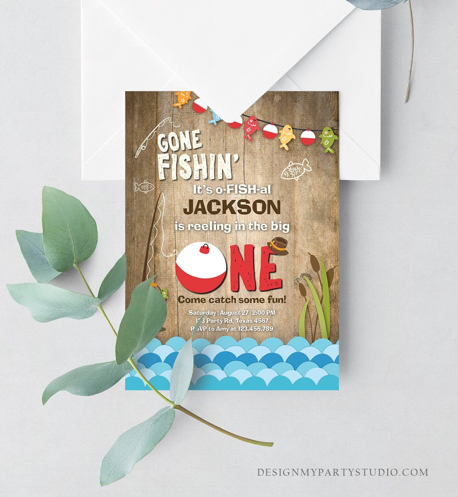 Editable First Birthday Fishing Invitation Fishing Party The Big One O-fish-al Gone Fishing Boy Download Printable Template Corjl 0080