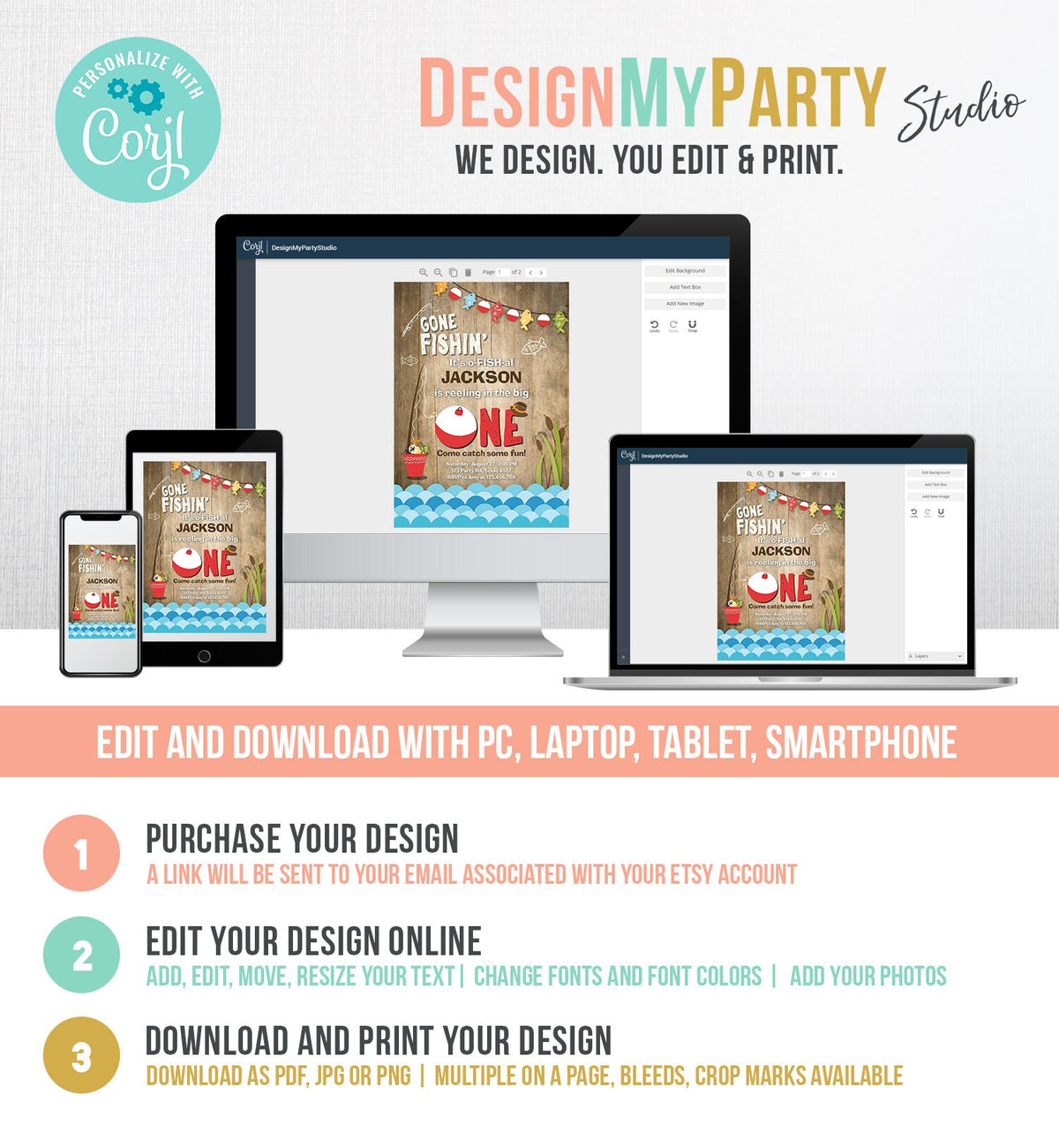 Editable First Birthday Fishing Invitation Fishing Party The Big One O-fish-al Gone Fishing Boy Download Printable Template Corjl 0080