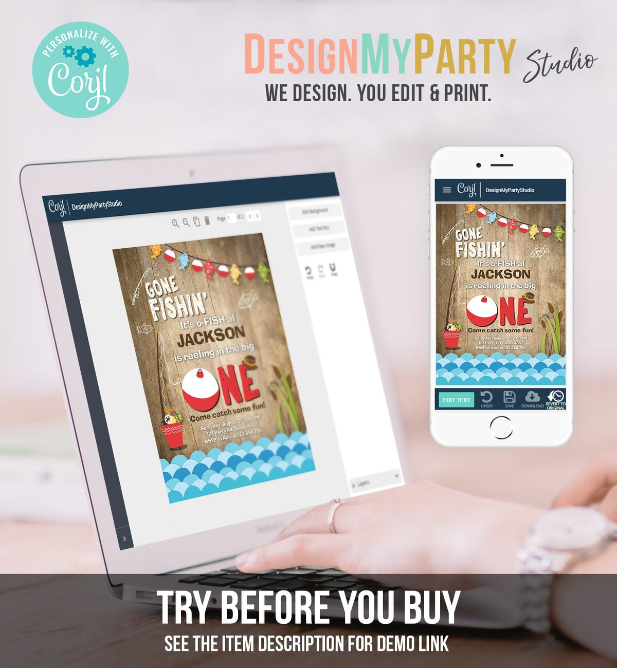 Editable First Birthday Fishing Invitation Fishing Party The Big One O-fish-al Gone Fishing Boy Download Printable Template Corjl 0080